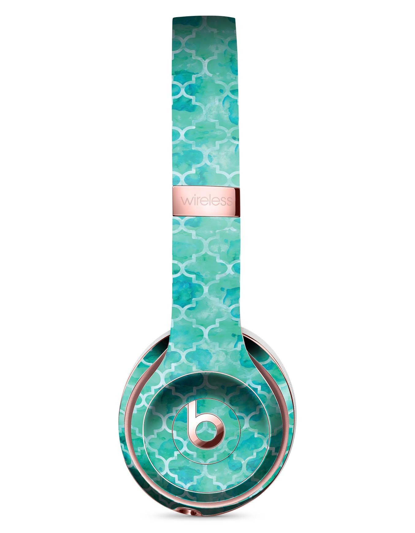 Blue-Green Watercolor Quatrefoil Skin Kit for Beats by Dre Solo 3 Wireless Headphones, showcasing vibrant colors and intricate design.