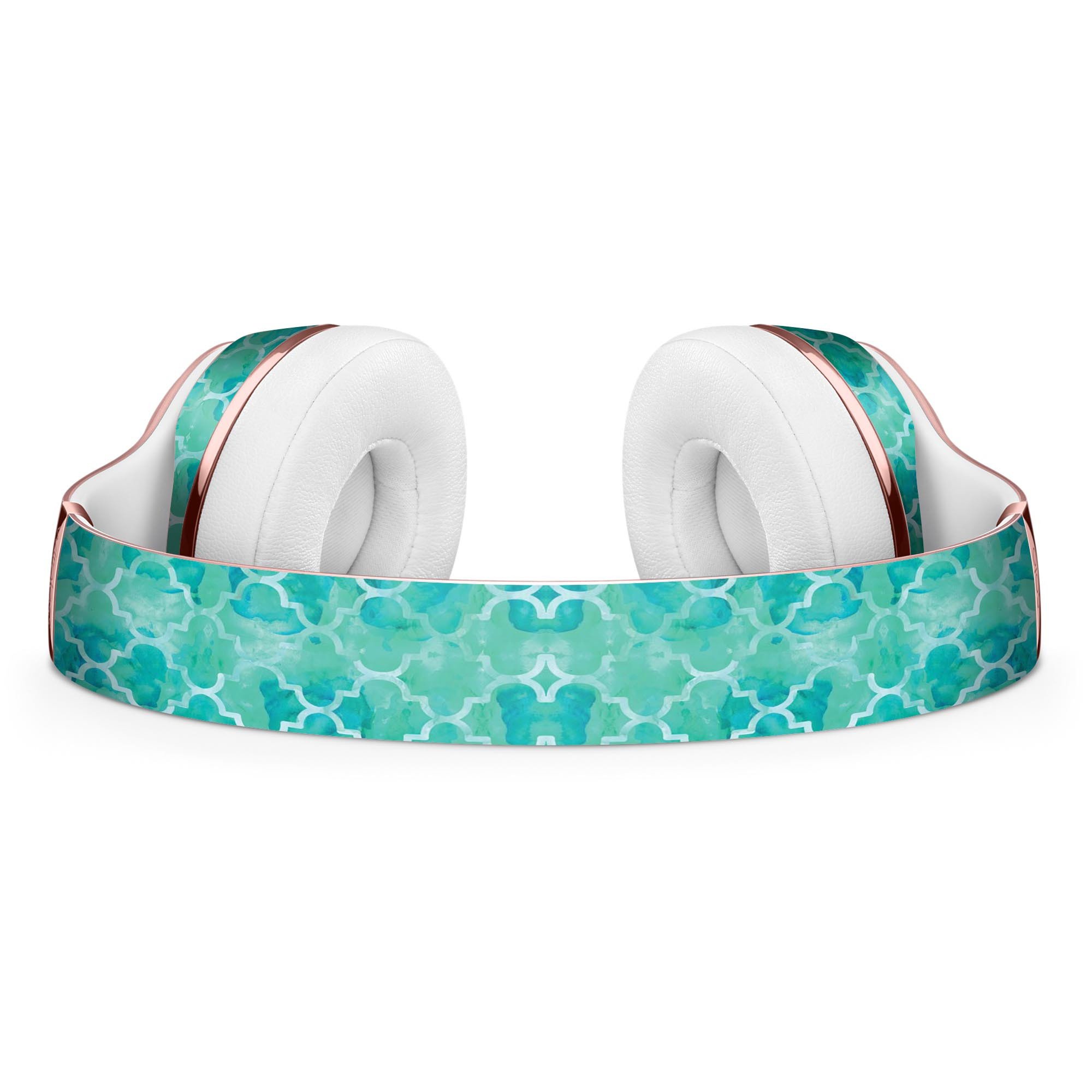 Blue-Green Watercolor Quatrefoil Skin Kit for Beats by Dre Solo 3 Wireless Headphones, showcasing vibrant colors and intricate design.