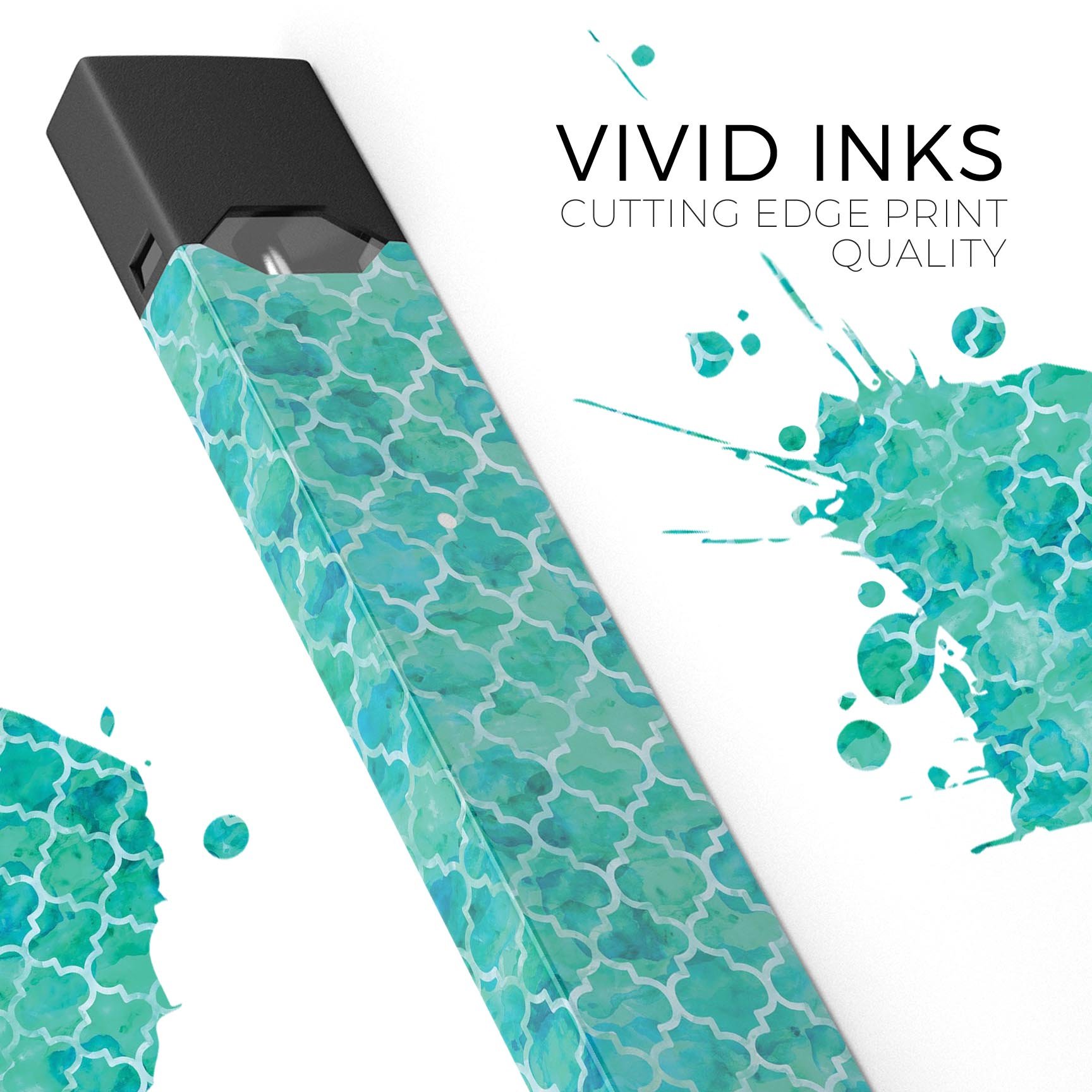 Blue-Green Watercolor Quatrefoil skin-wrap for JUUL device, showcasing vibrant colors and intricate design.