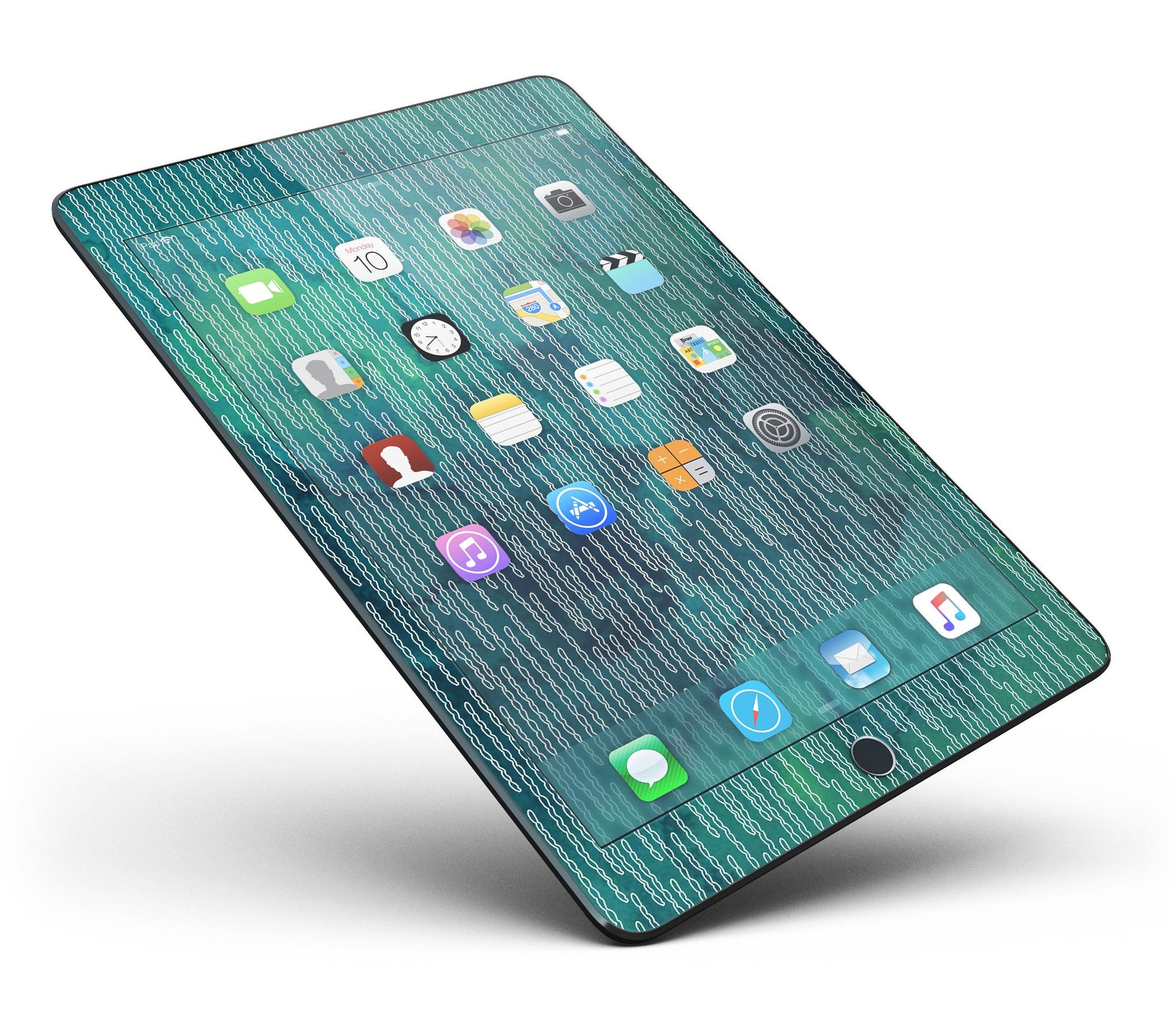 Blue-Green Watercolor Squiggles Full Body Skin for iPad Pro, showcasing vibrant colors and a stylish design.