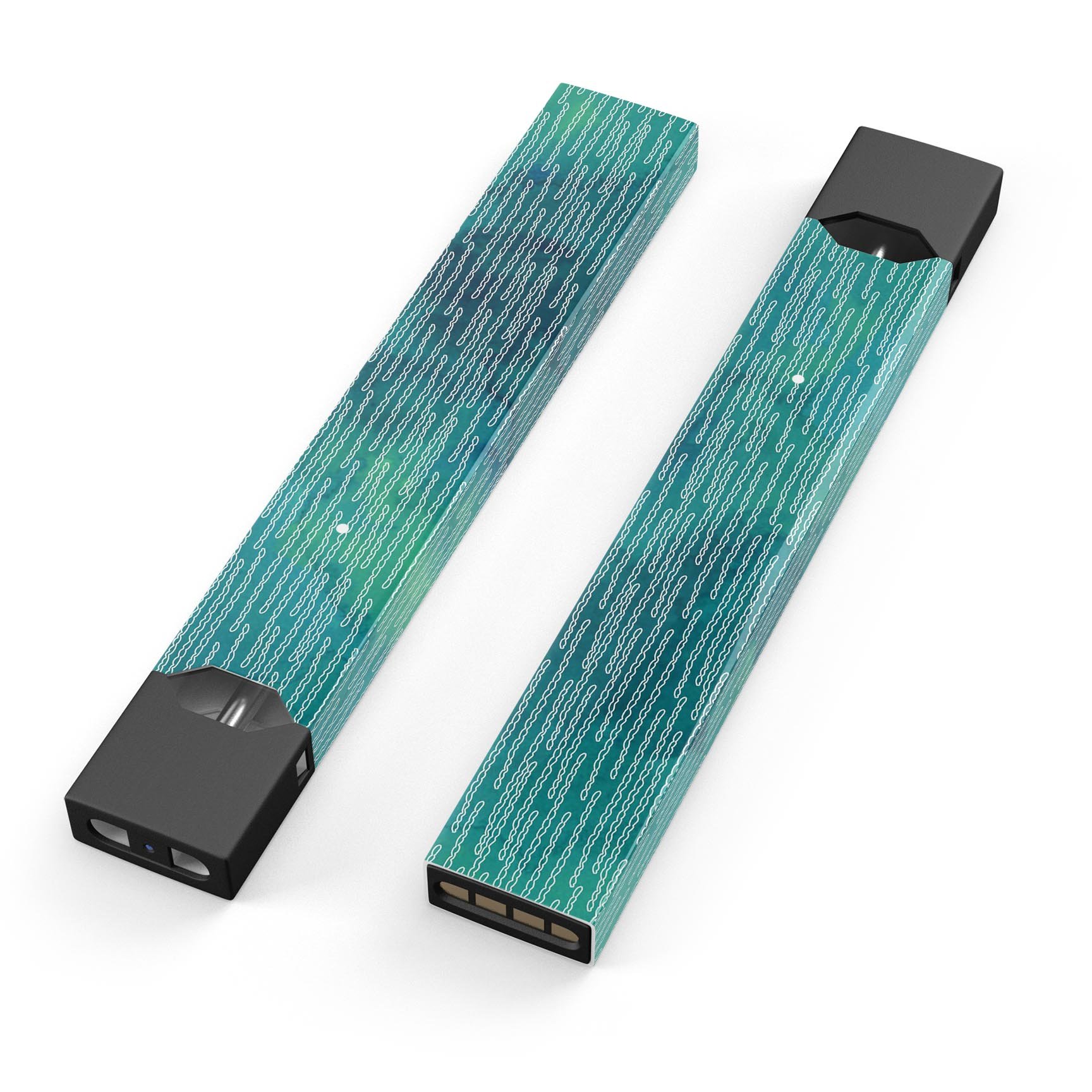 Blue-Green Watercolor Squiggles skin-wrap for JUUL device, showcasing vibrant colors and precise cut.