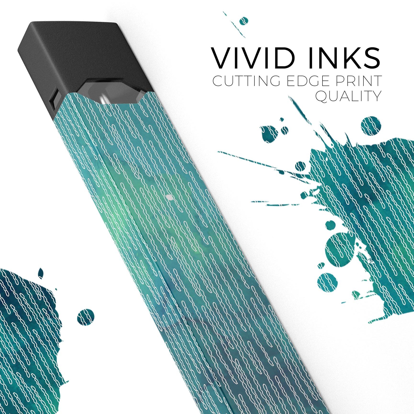 Blue-Green Watercolor Squiggles skin-wrap for JUUL device, showcasing vibrant colors and precise cut.