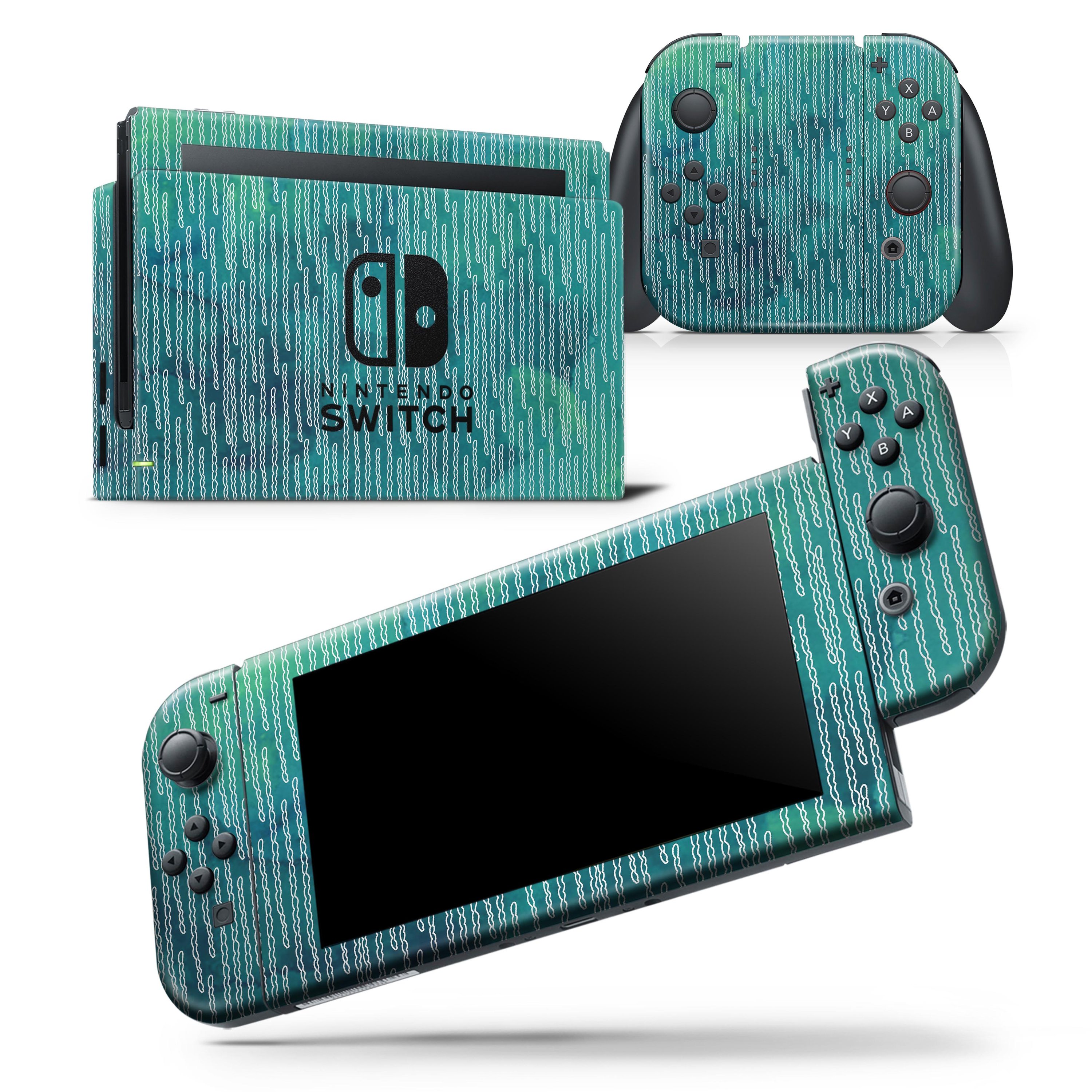 Blue-Green Watercolor Squiggles skin wrap decal for Nintendo Switch, showcasing vibrant colors and a sleek design.