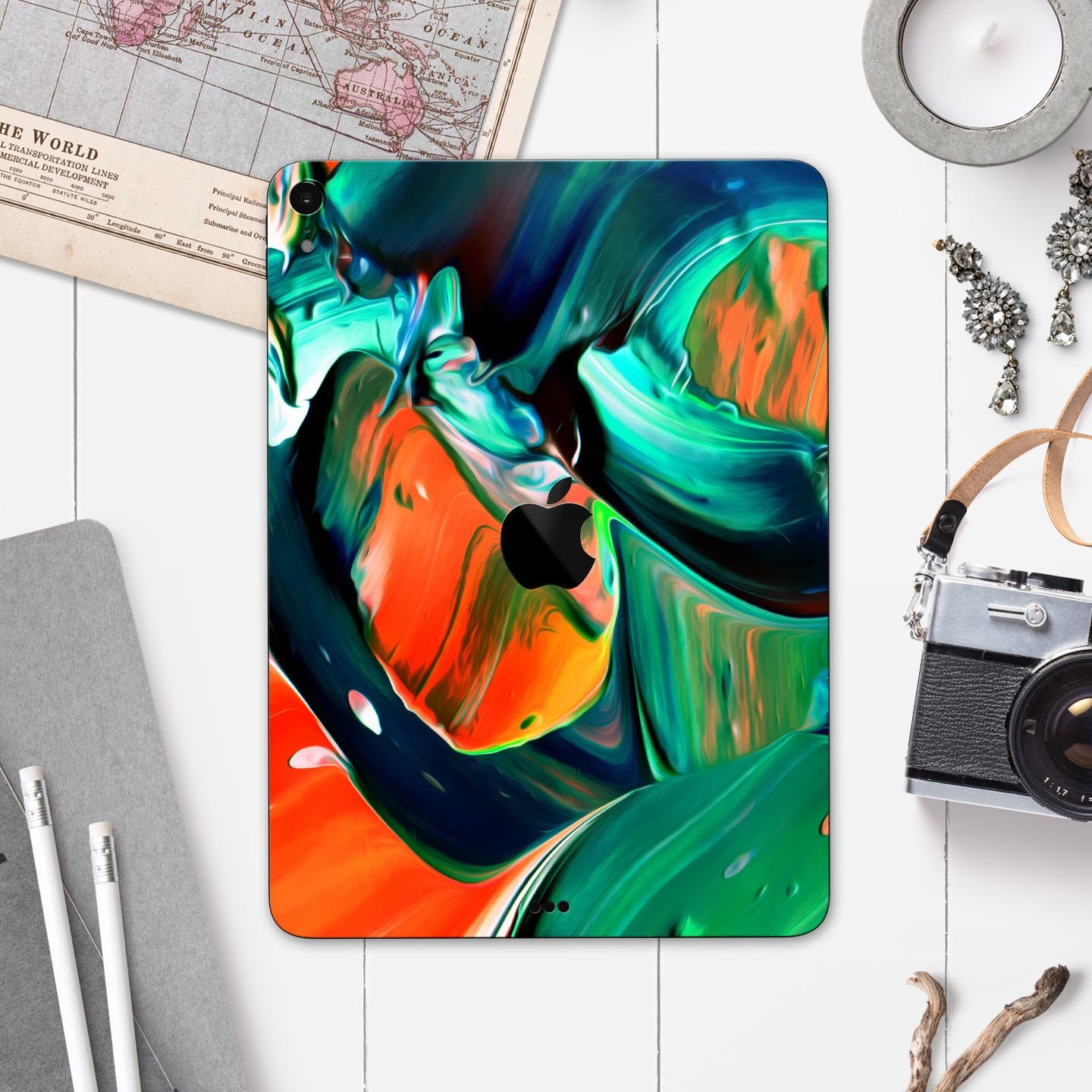 Blurred Abstract Flow V47 skin decal for Apple iPad, showcasing vibrant colors and a sleek design for full-body protection.