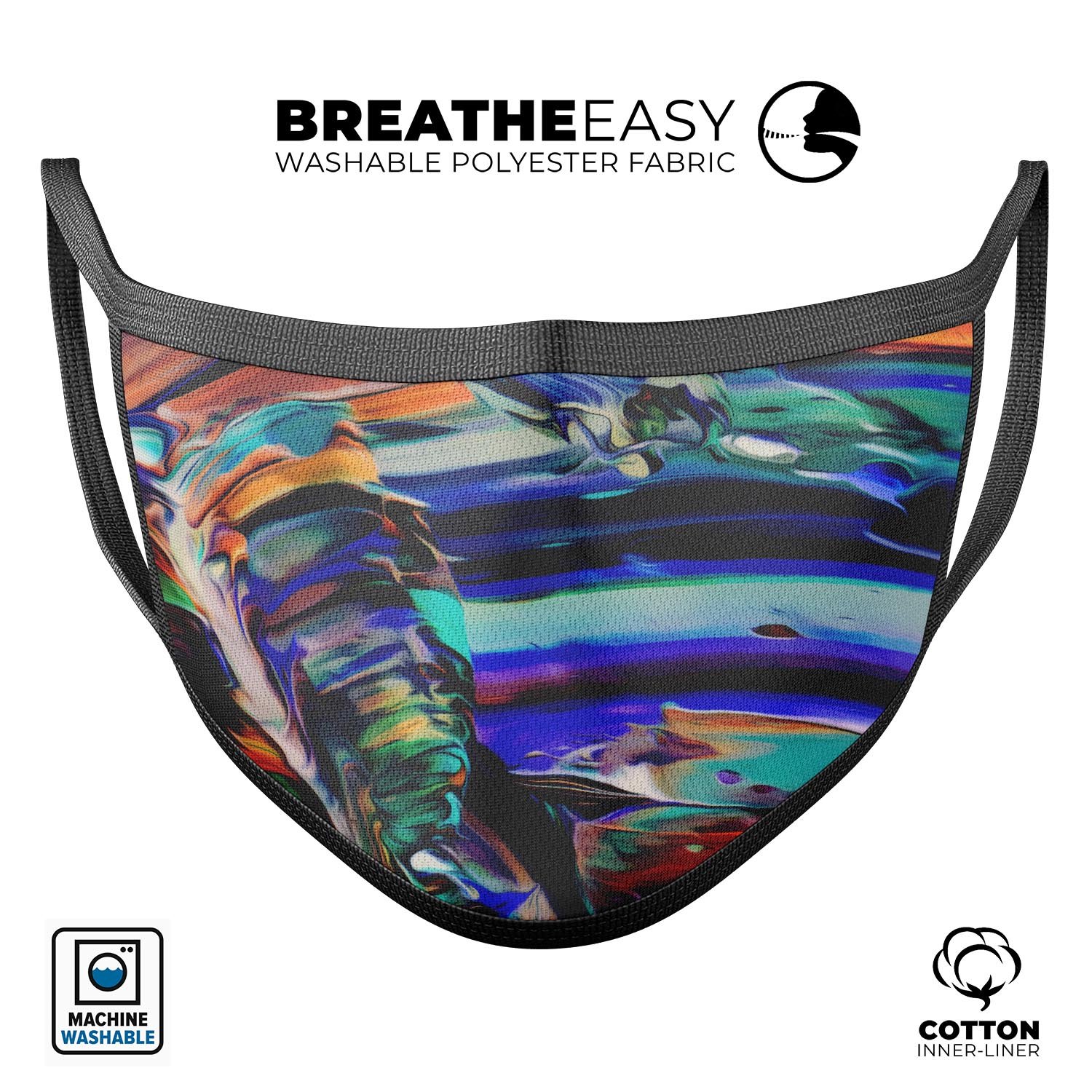 Blurred Abstract Flow V49 mouth cover, a unisex anti-dust mask made in the USA, featuring a stylish abstract design and adjustable ear loops.
