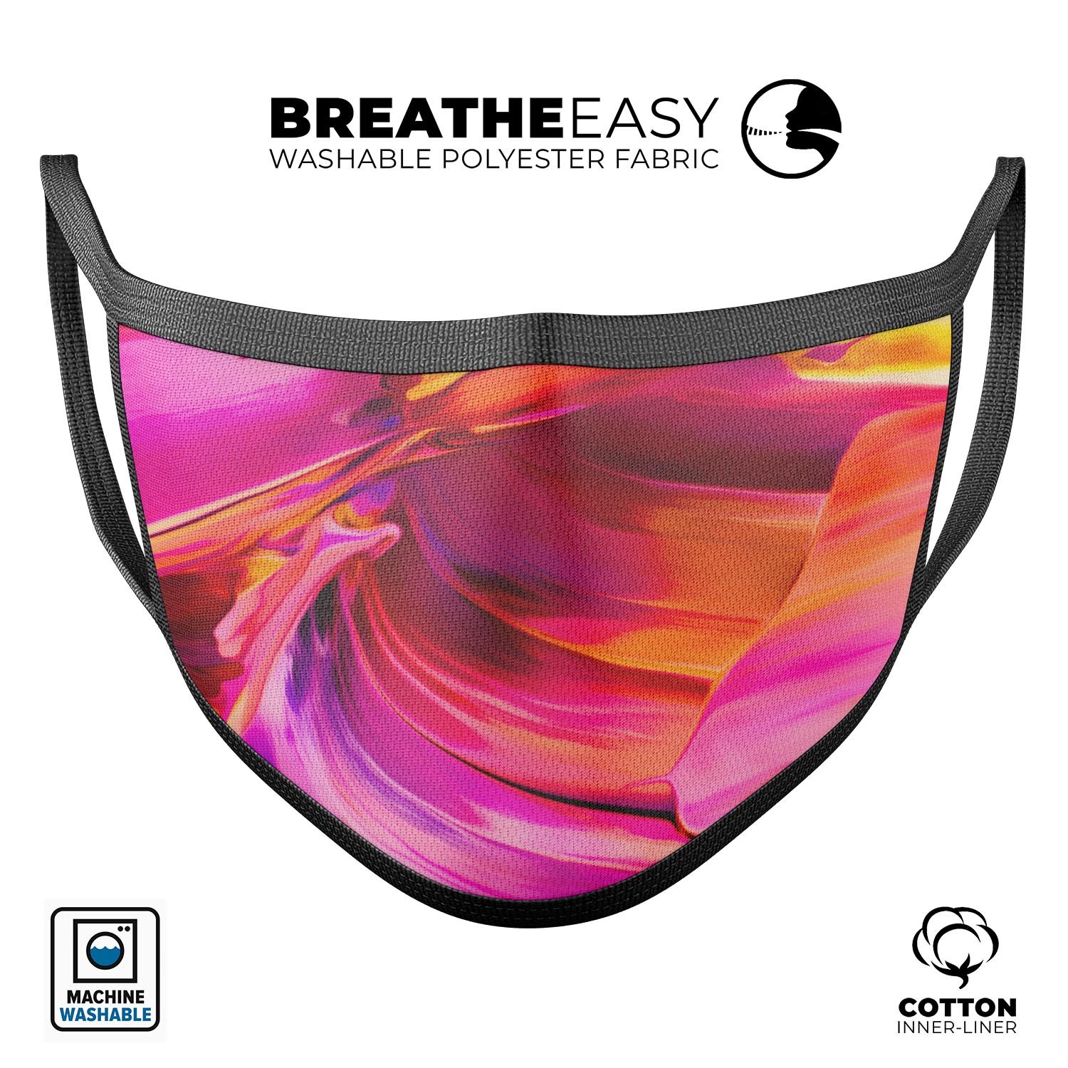 Blurred Abstract Flow V50 mouth cover, a stylish unisex anti-dust mask made in the USA, featuring adjustable ear loops and a comfortable cotton interior.