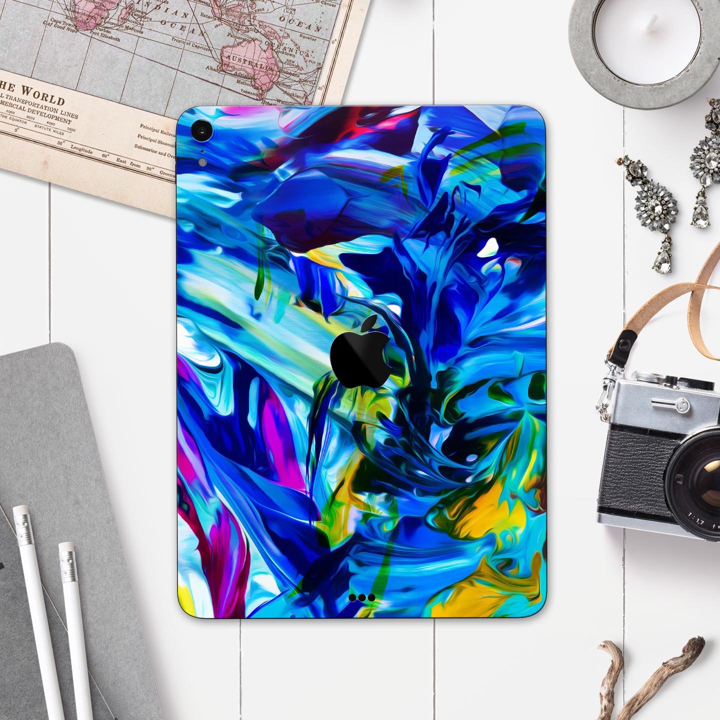 Blurred Abstract Flow V53 skin decal for Apple iPad, showcasing vibrant colors and a sleek design.