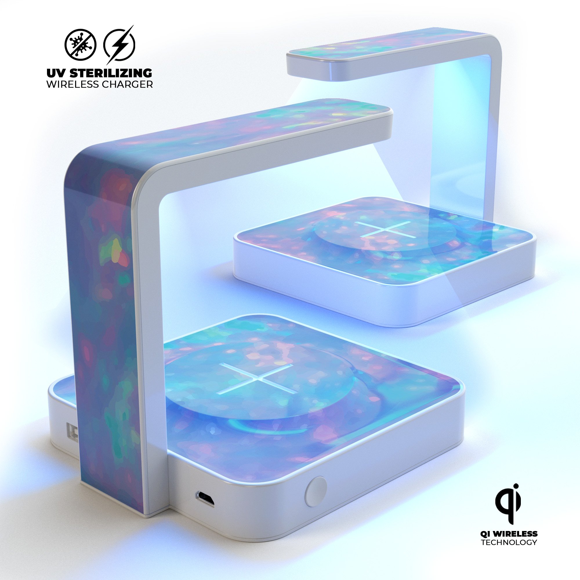 Blurry Opal Gemstone UV Germicidal Sanitizing Wireless Charger with phone on top, showcasing its sleek design and sterilizing lamp.