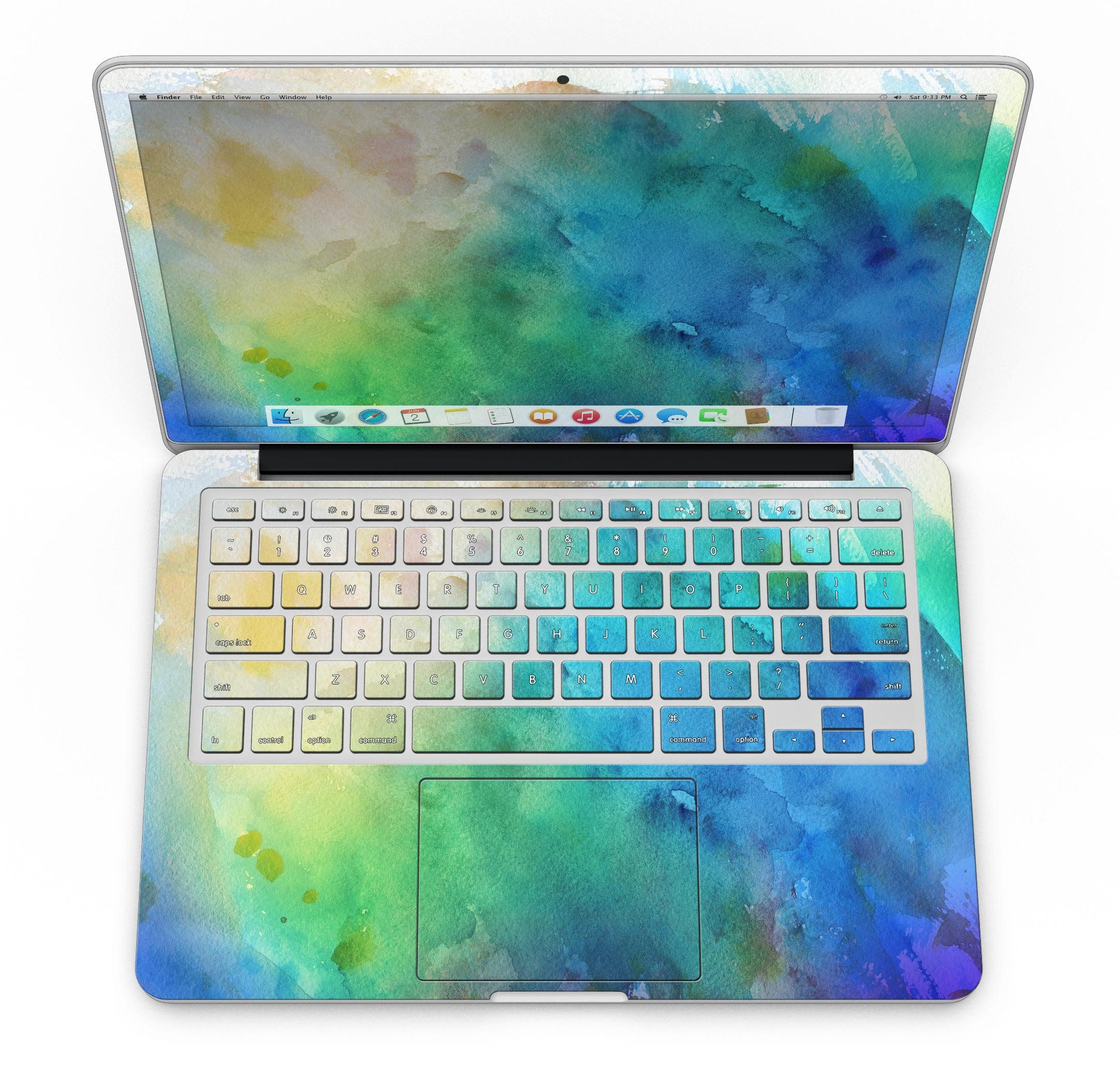 Blushed 493 Absorbed Watercolor Texture skin for MacBook Pro with Retina Display, showcasing vibrant colors and a sleek design.