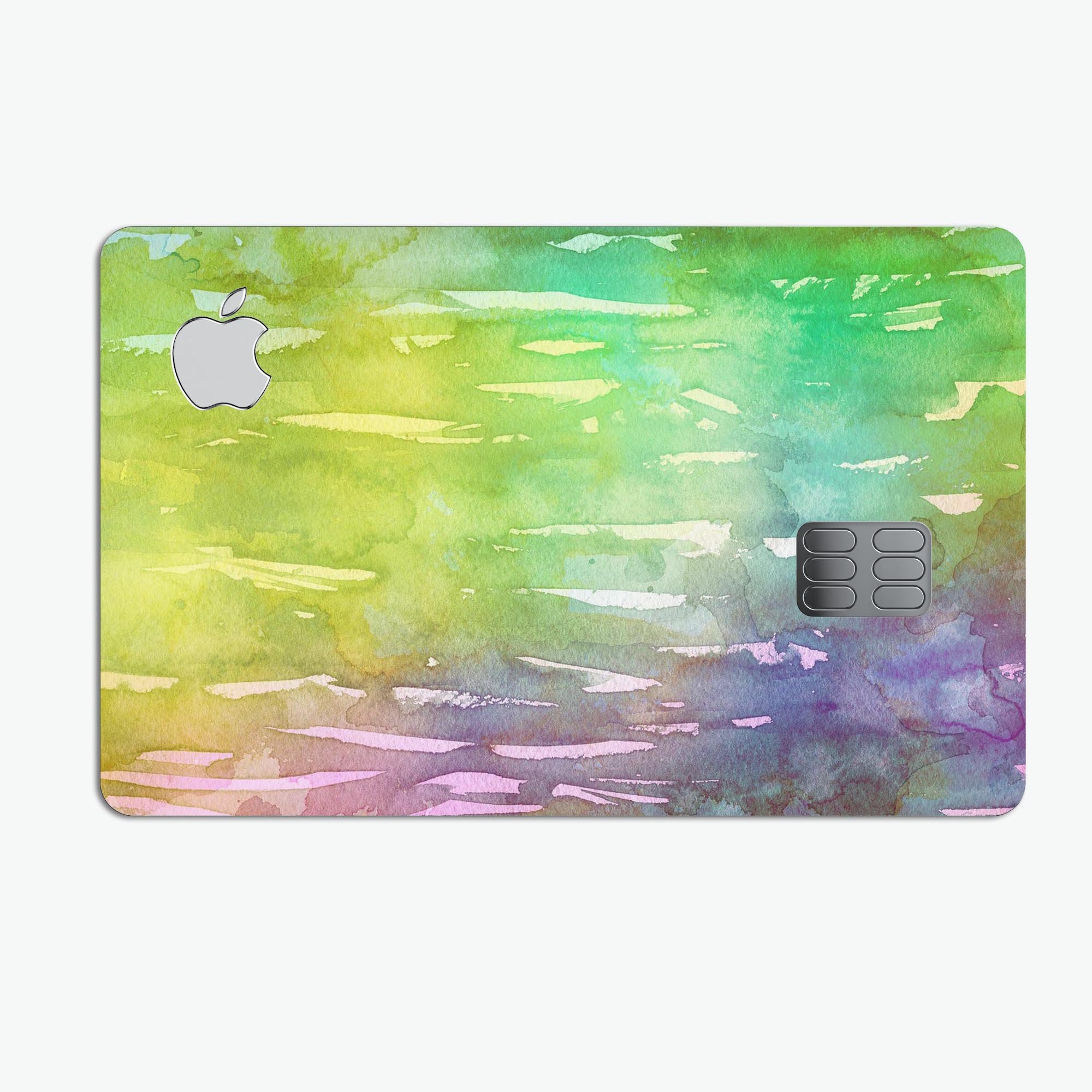 Blushed 754 Absorbed Watercolor Texture decal applied on an Apple Card, showcasing vibrant colors and a protective finish.