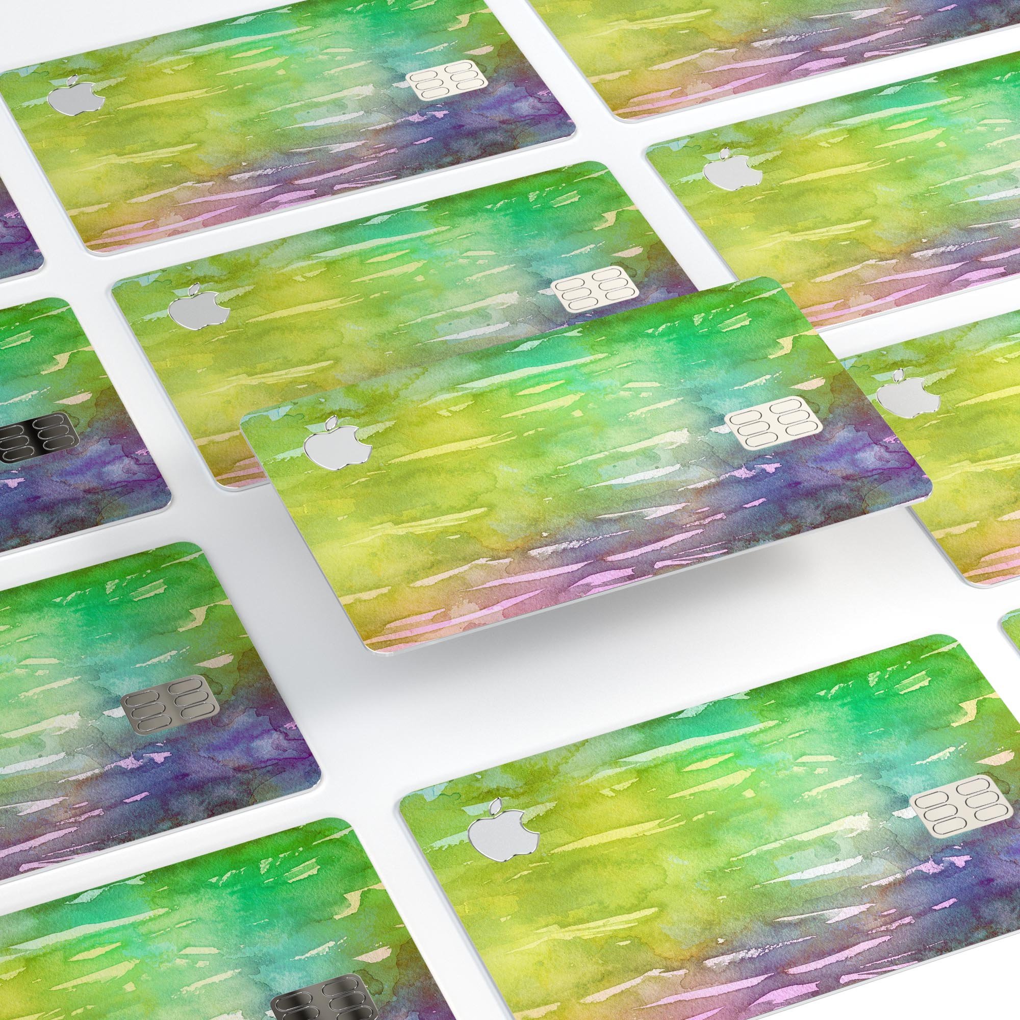 Blushed 754 Absorbed Watercolor Texture decal applied on an Apple Card, showcasing vibrant colors and a protective finish.