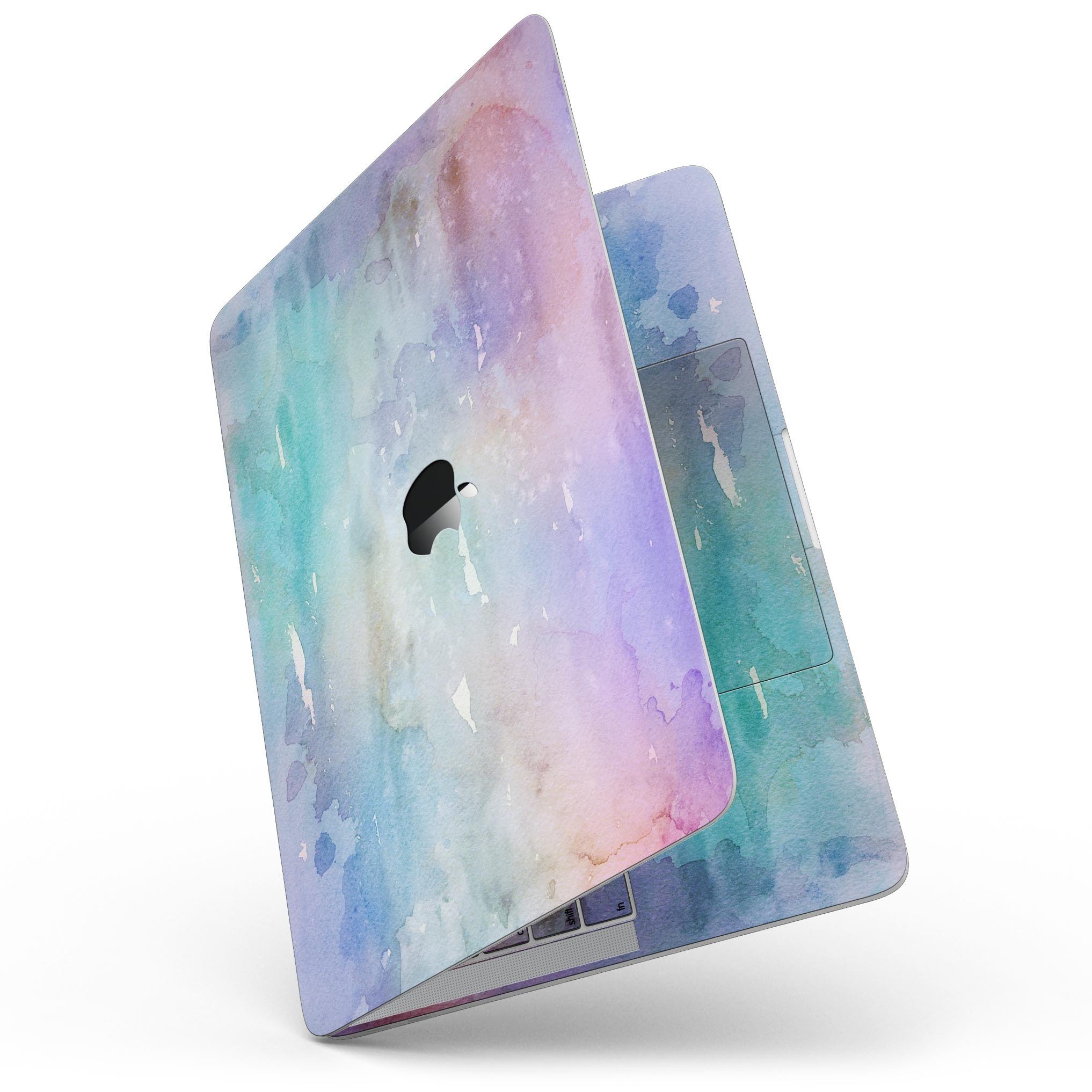 Blushed Blue to Mint Watercolor Texture skin for 13" MacBook Pro, showcasing vibrant colors and premium vinyl material.