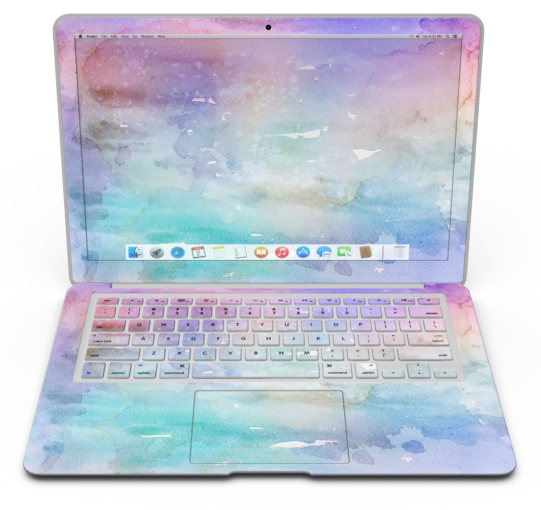 Blushed Blue to Mint 42 Watercolor Texture skin for MacBook Air, showcasing a vibrant and stylish design that protects the device.