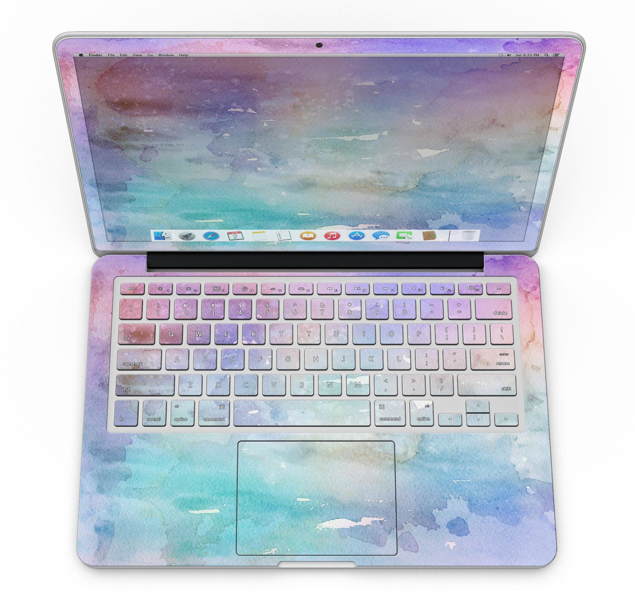 Blushed Blue to Mint 42 Watercolor Texture skin for MacBook Pro, showcasing vibrant colors and a stylish design.