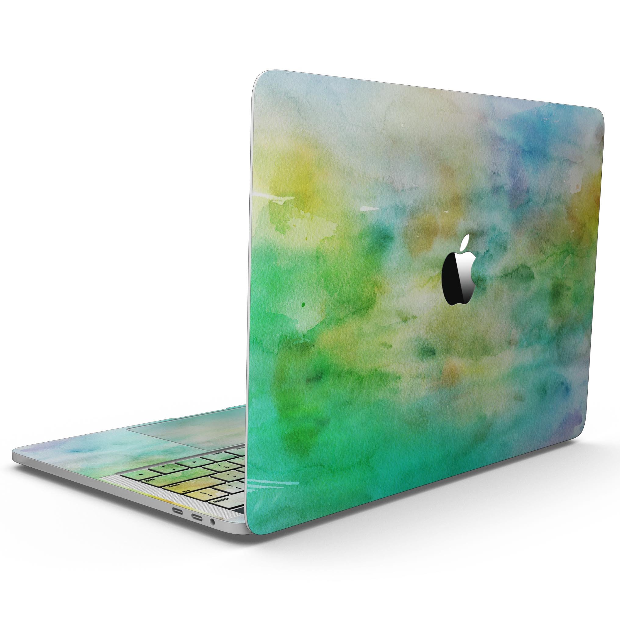 Blushed Green 32 Absorbed Watercolor Texture skin for 13" MacBook Pro without Touch Bar, showcasing vibrant colors and smooth finish.