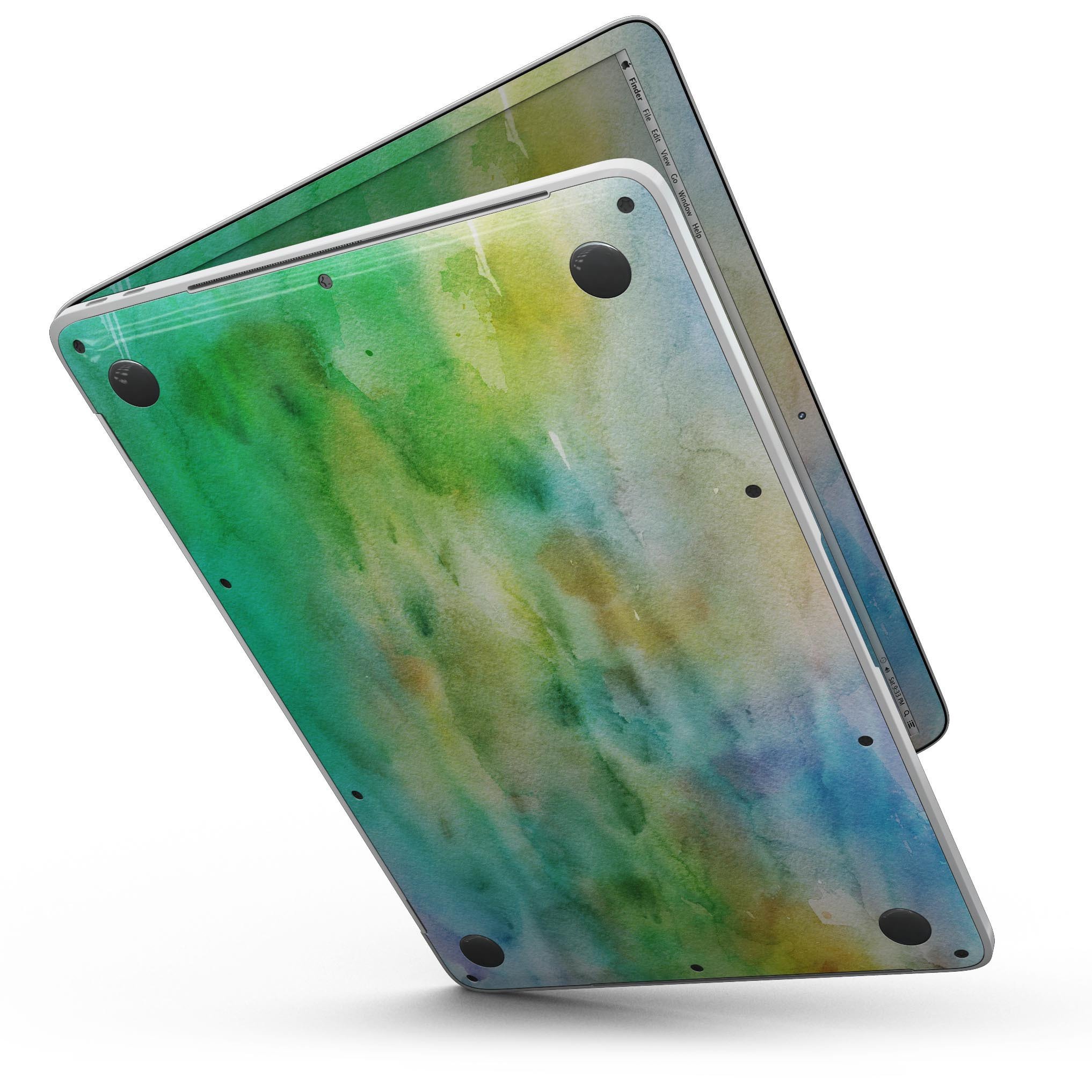 Blushed Green 32 Absorbed Watercolor Texture skin for 13" MacBook Pro without Touch Bar, showcasing vibrant colors and smooth finish.