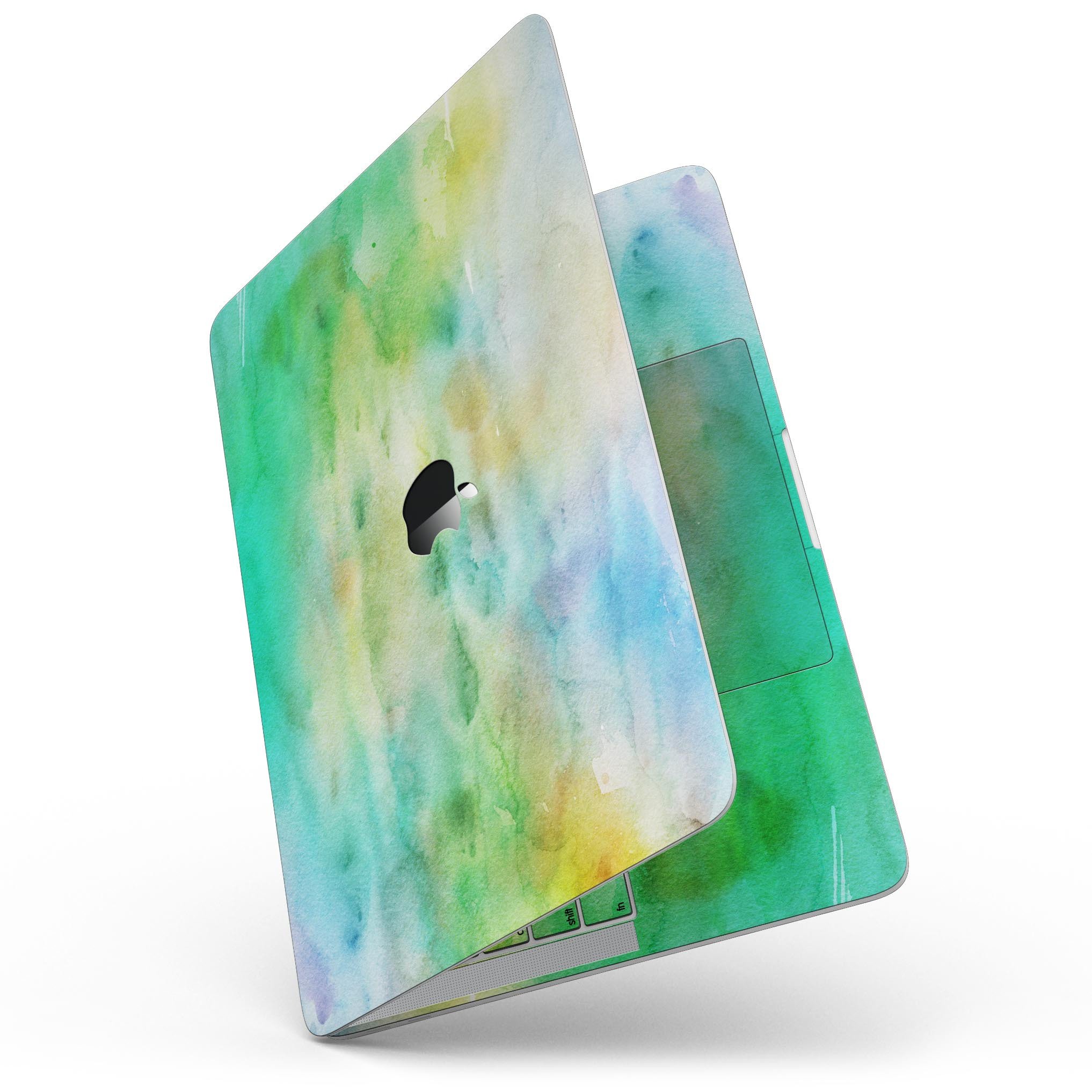 Blushed Green 32 Absorbed Watercolor Texture skin for MacBook Pro, showcasing vibrant colors and a sleek design.