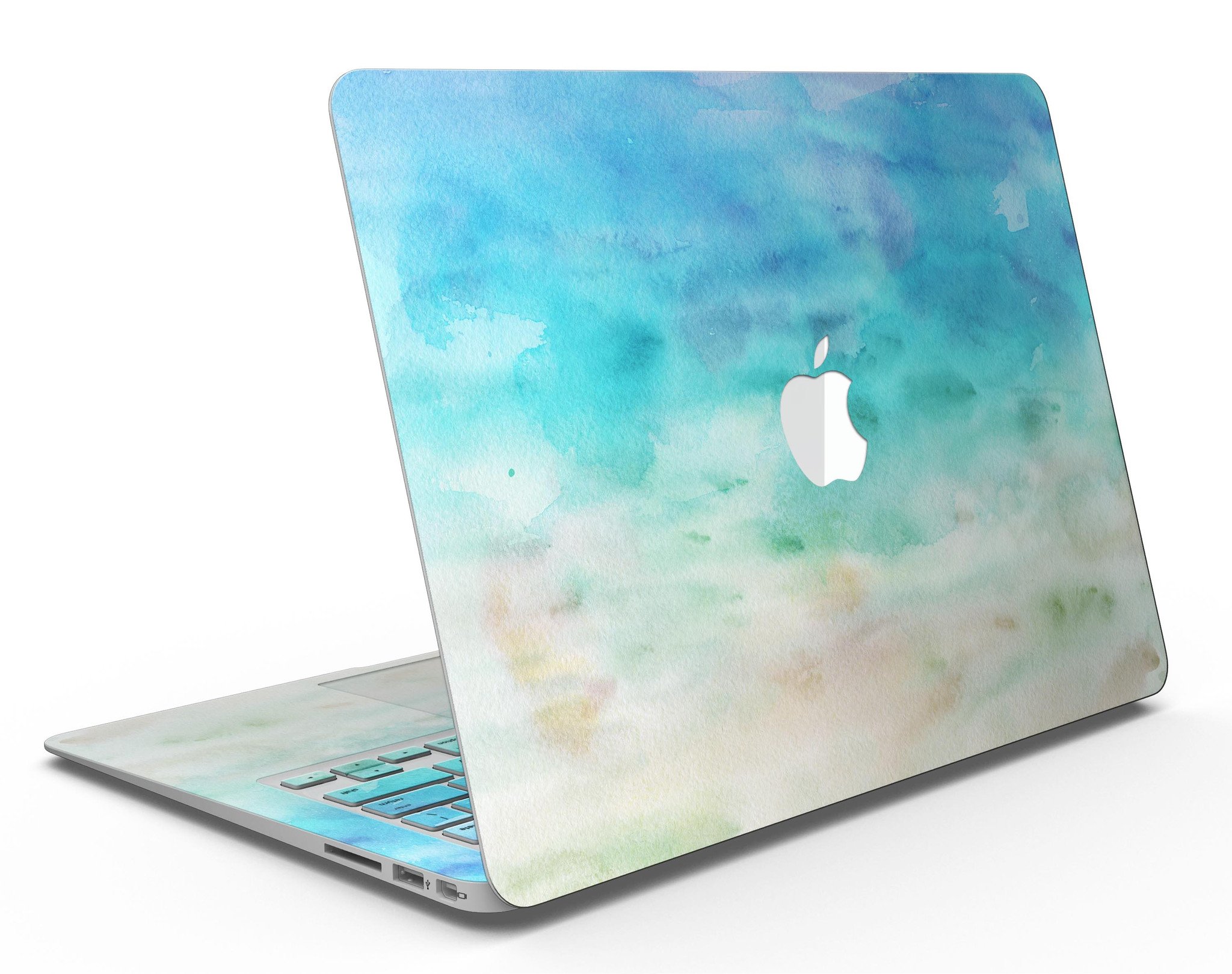 Blushed Mint Watercolor Texture MacBook Air Skin Kit showcasing a vibrant design on a sleek laptop.