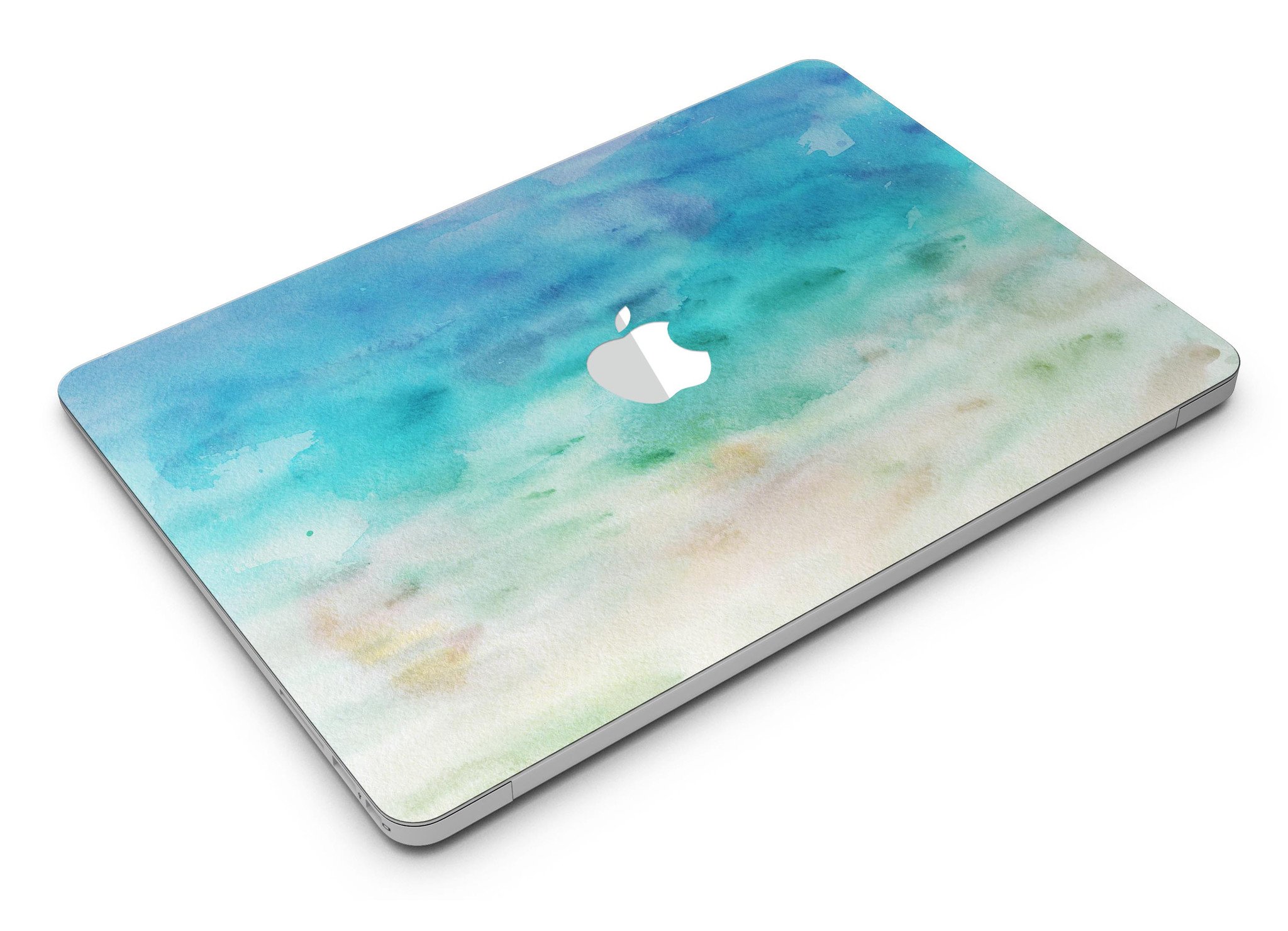 Blushed Mint Watercolor Texture MacBook Air Skin Kit showcasing a vibrant design on a sleek laptop.
