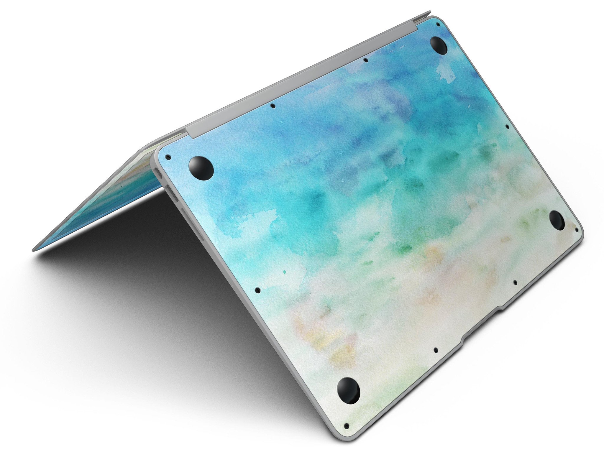 Blushed Mint Watercolor Texture MacBook Air Skin Kit showcasing a vibrant design on a sleek laptop.