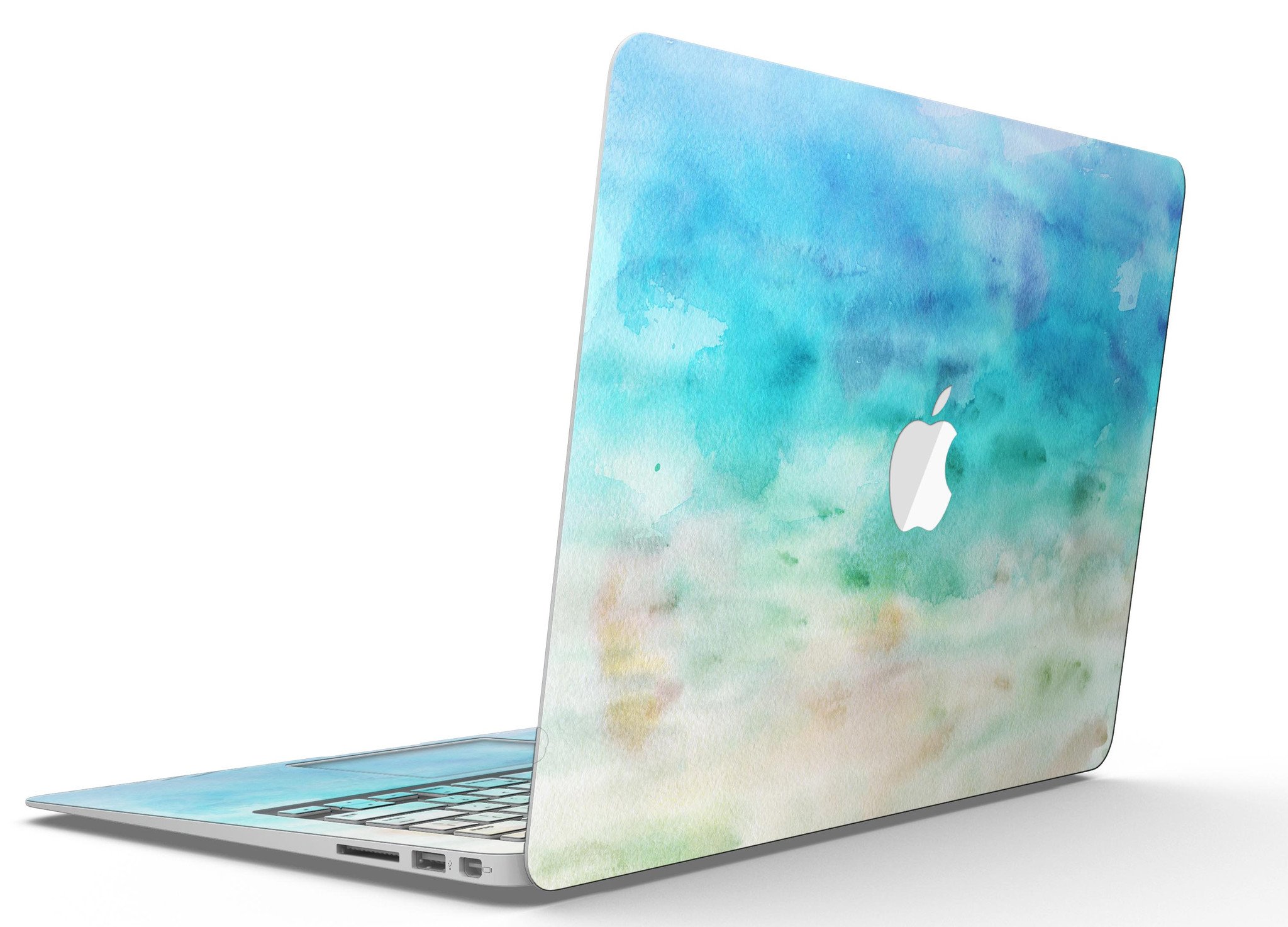 Blushed Mint Watercolor Texture MacBook Air Skin Kit showcasing a vibrant design on a sleek laptop.