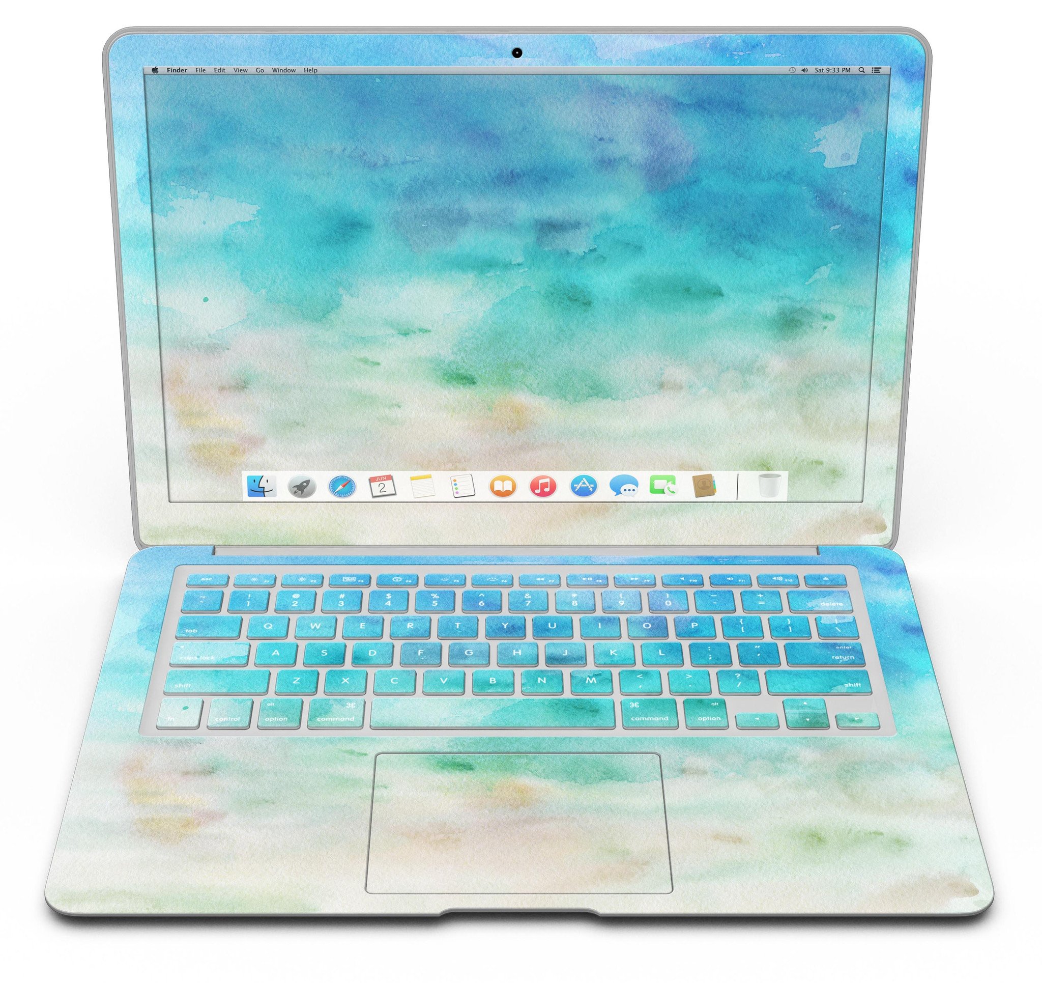 Blushed Mint Watercolor Texture MacBook Air Skin Kit showcasing a vibrant design on a sleek laptop.
