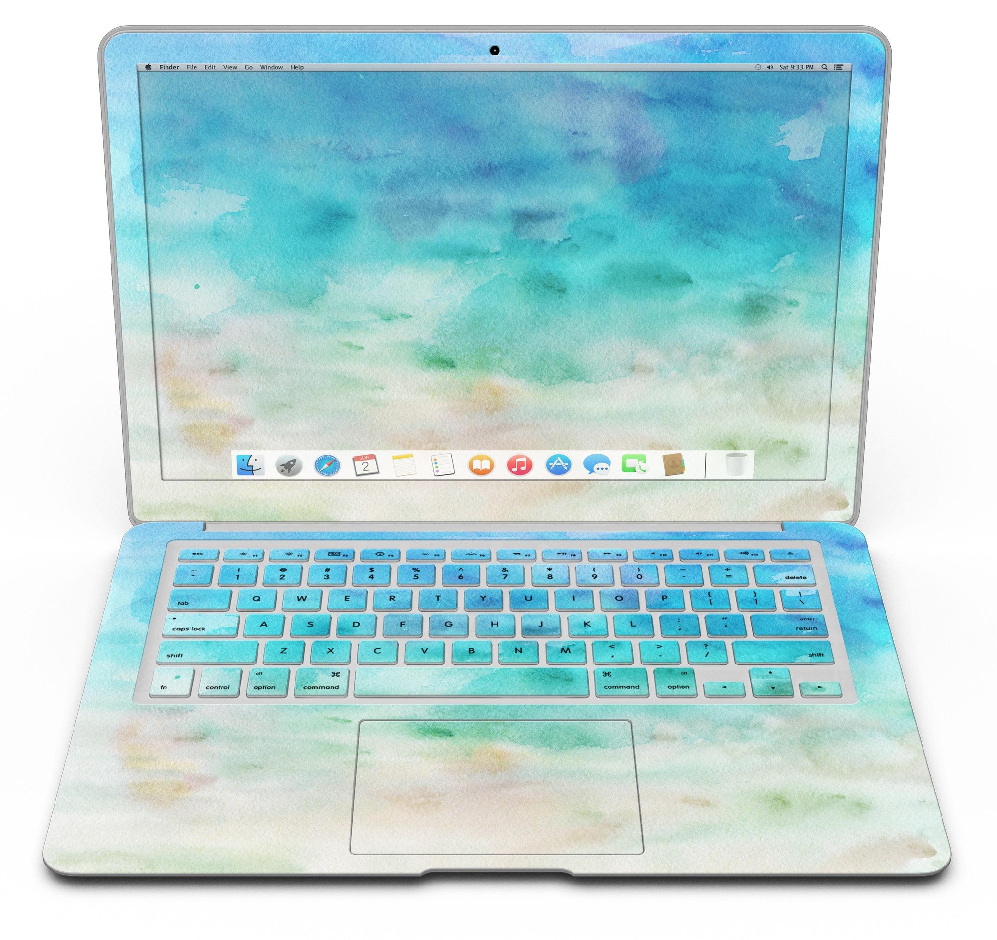 Blushed Mint Watercolor Texture MacBook Air Skin Kit showcasing a vibrant design on a sleek laptop.