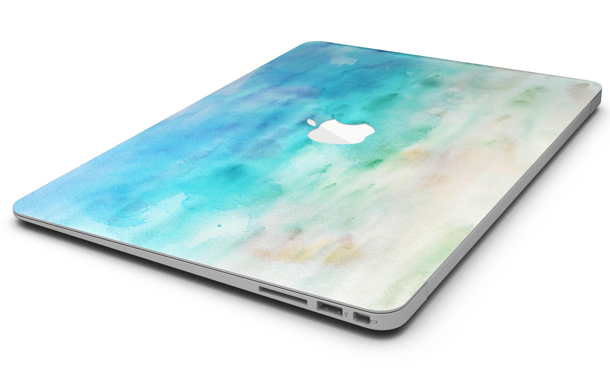 Blushed Mint Watercolor Texture MacBook Air Skin Kit showcasing a vibrant design on a sleek laptop.