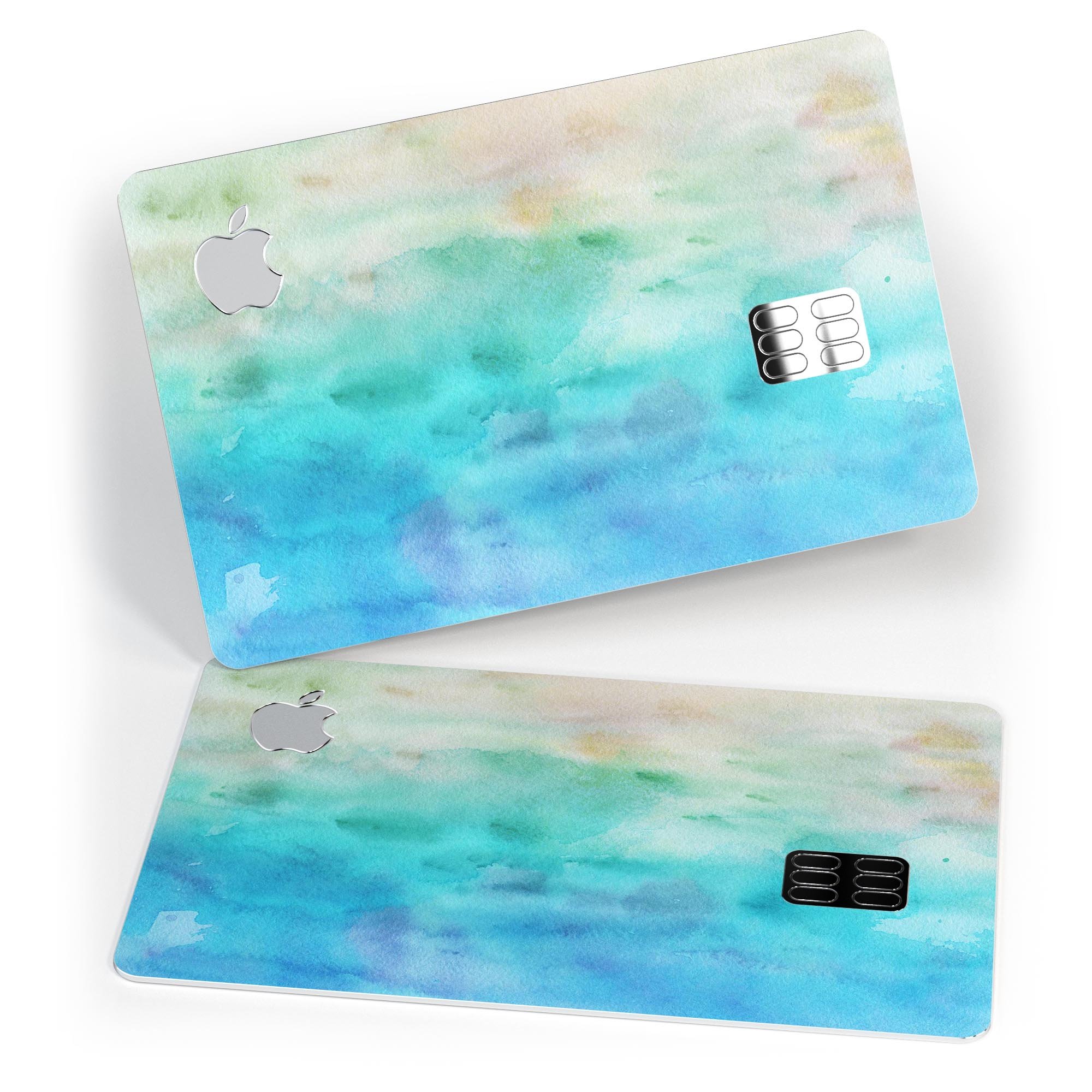 Blushed Mint 32 Absorbed Watercolor Texture decal applied on an Apple Card, showcasing its vibrant colors and protective features.