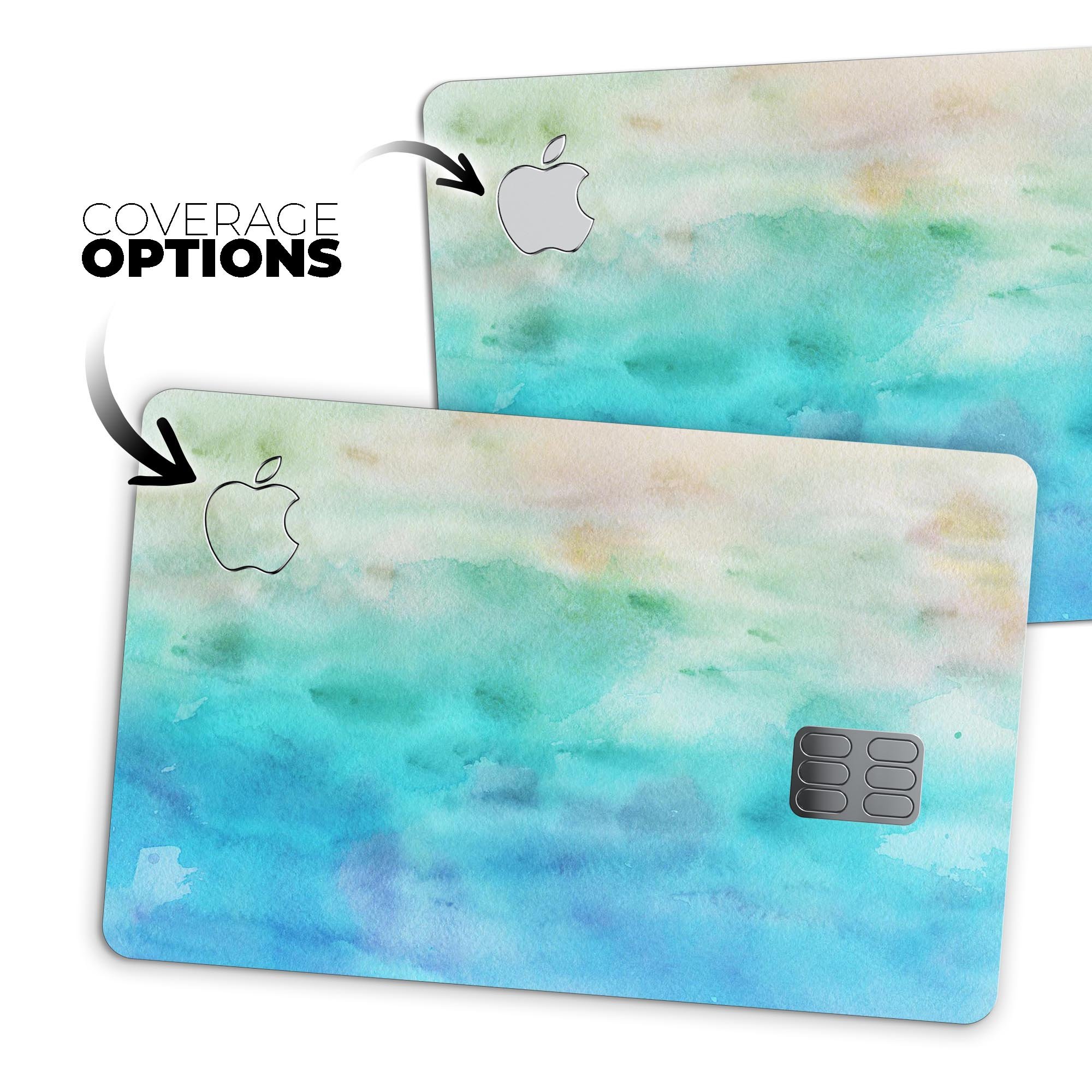 Blushed Mint 32 Absorbed Watercolor Texture decal applied on an Apple Card, showcasing its vibrant colors and protective features.