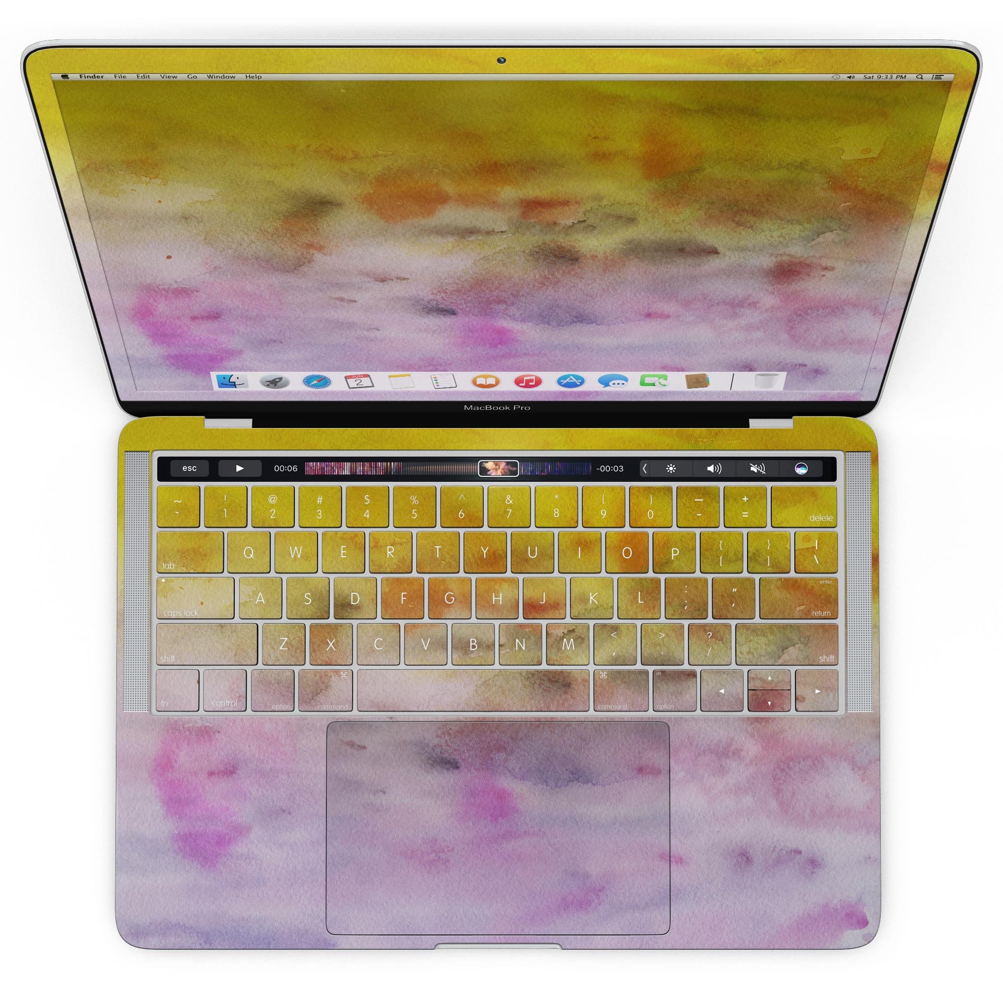 Blushed Pink 32 Absorbed Watercolor Texture skin for MacBook Pro, showcasing a vibrant watercolor design on a sleek device.