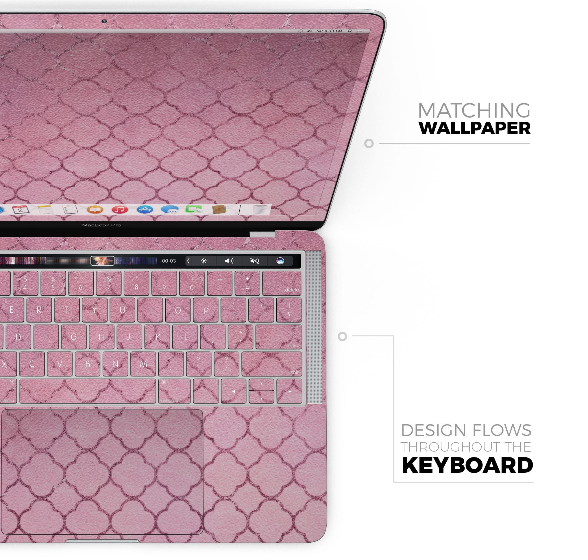 Blushed Pink Moroccan Pattern skin decal wrap kit for MacBook, showcasing a stylish design with a premium vinyl finish.