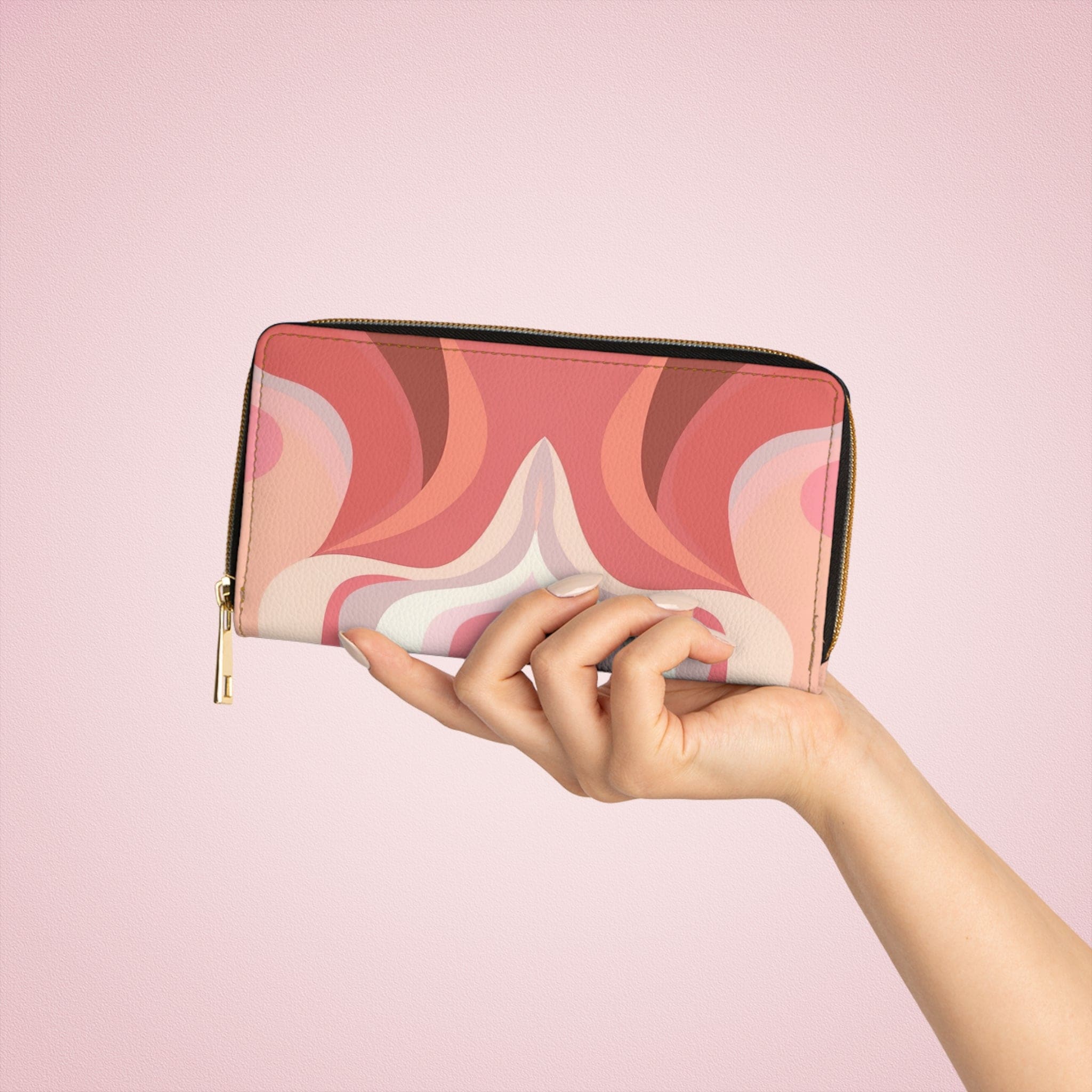 Boho Pink and White Contemporary Art Lined Pattern Women's Zipper Wallet showcasing its stylish design and functional compartments.