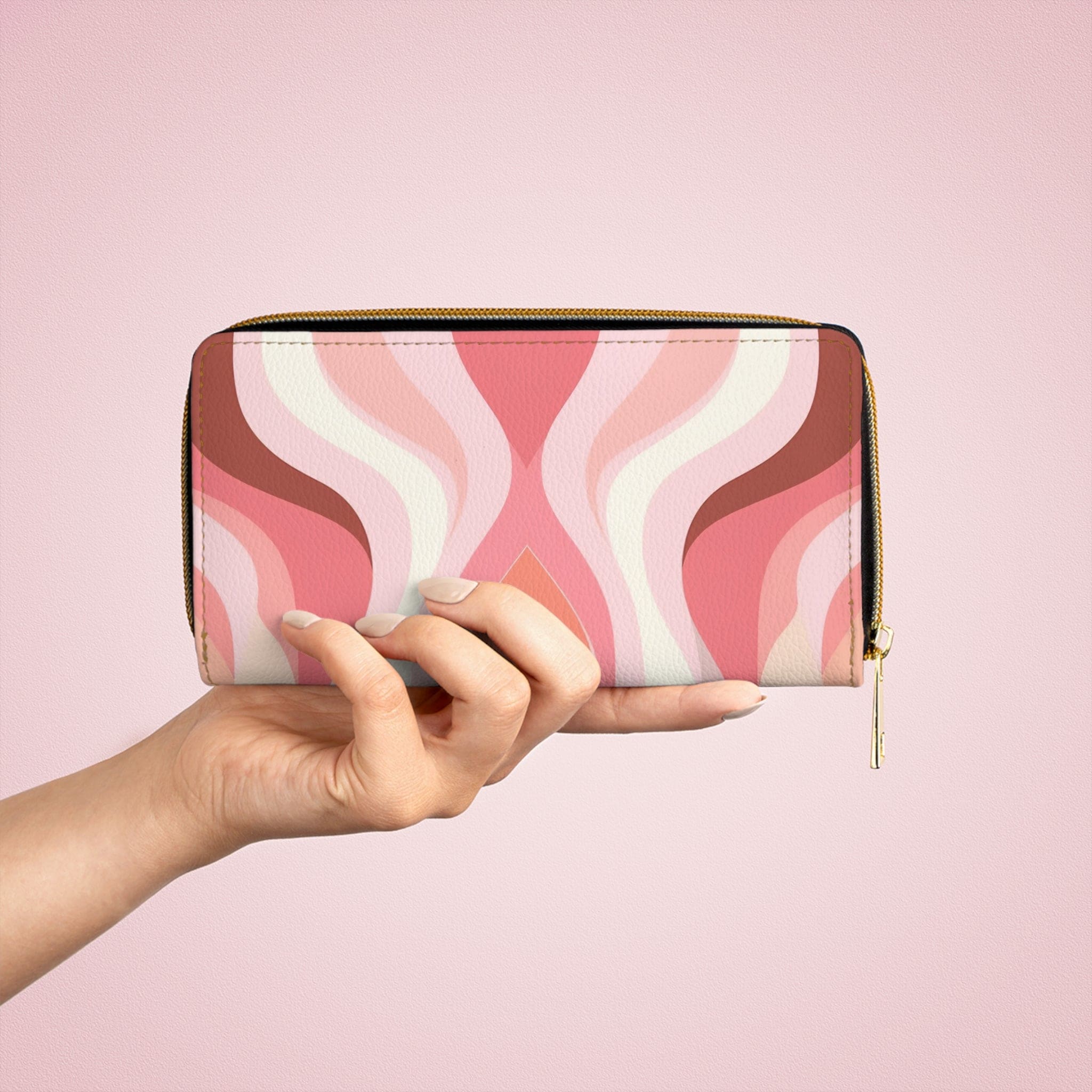 Boho Pink and White Contemporary Art Lined Pattern Women's Zipper Wallet showcasing its stylish design and functional compartments.