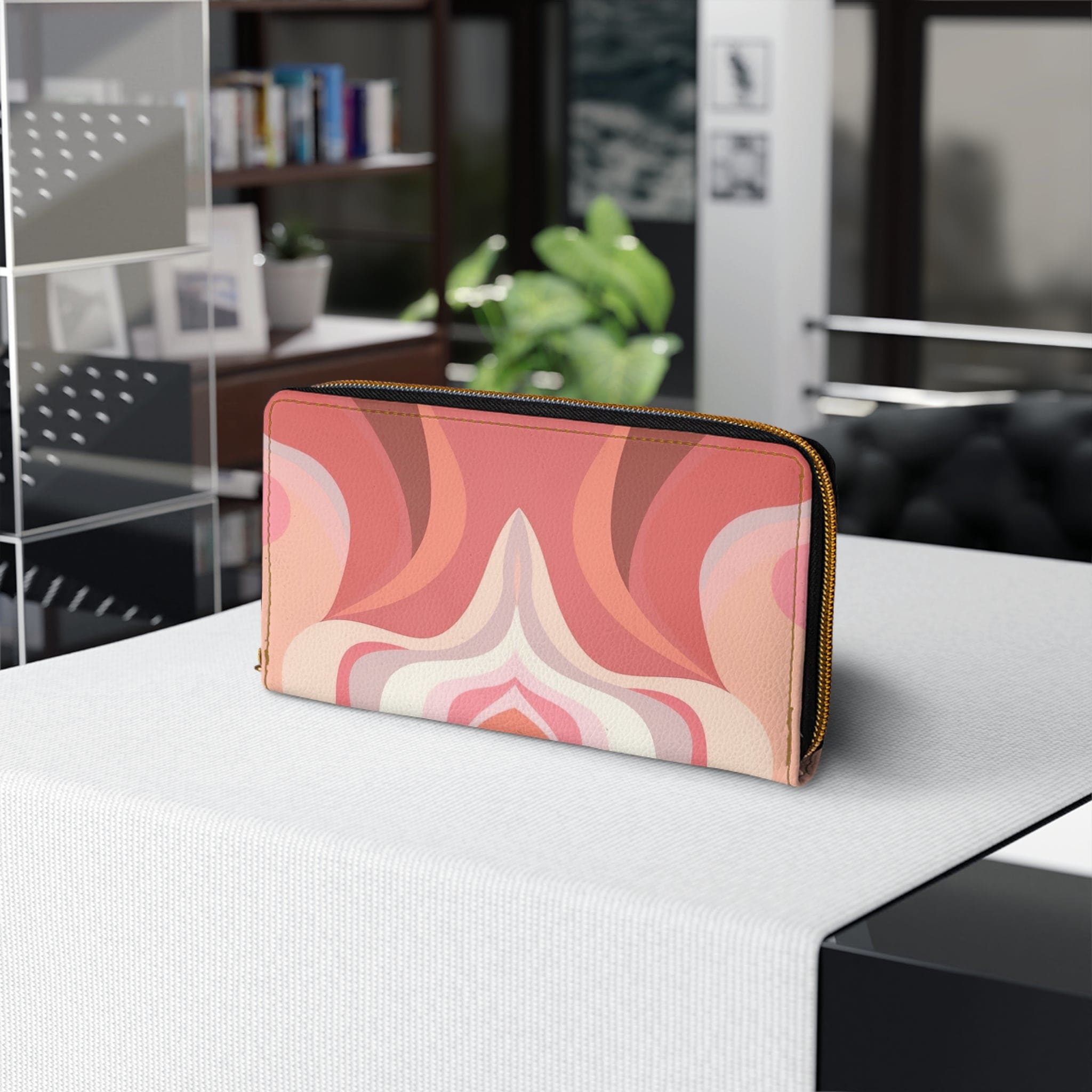 Boho Pink and White Contemporary Art Lined Pattern Women's Zipper Wallet showcasing its stylish design and functional compartments.