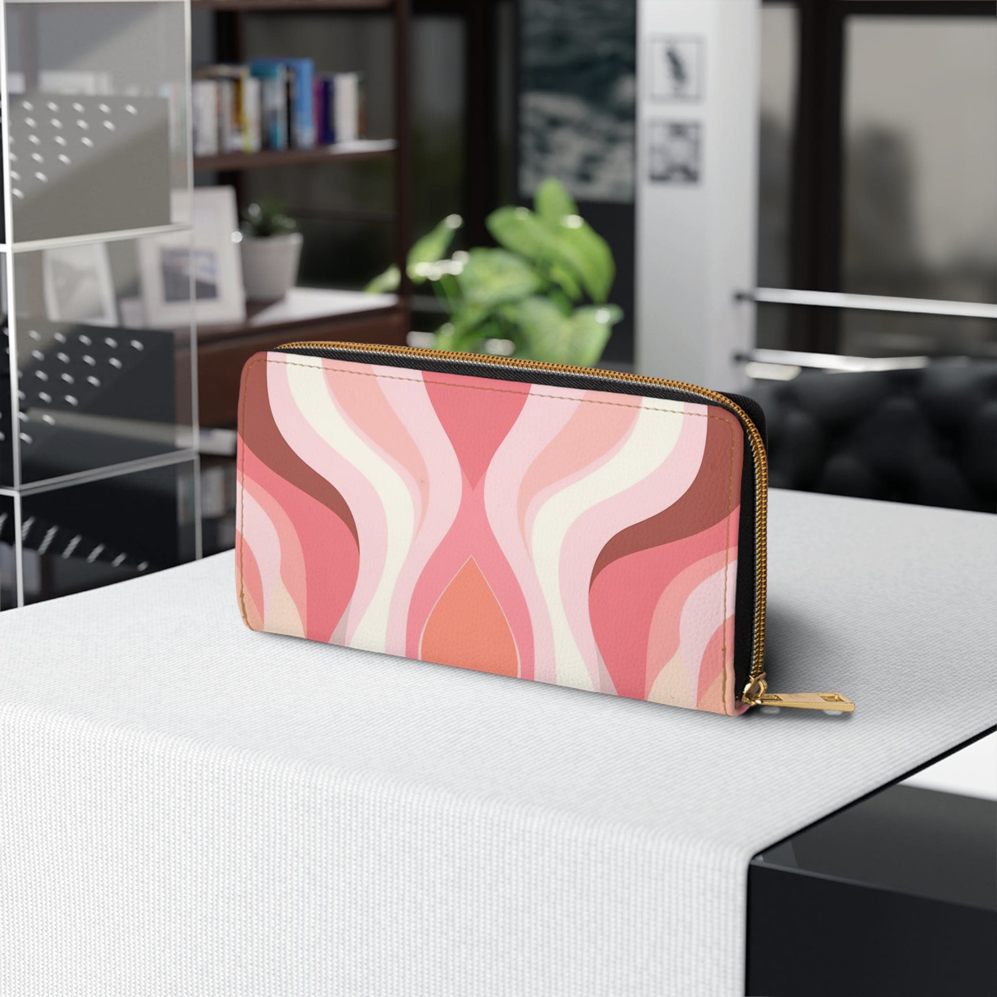 Boho Pink and White Contemporary Art Lined Pattern Women's Zipper Wallet showcasing its stylish design and functional compartments.