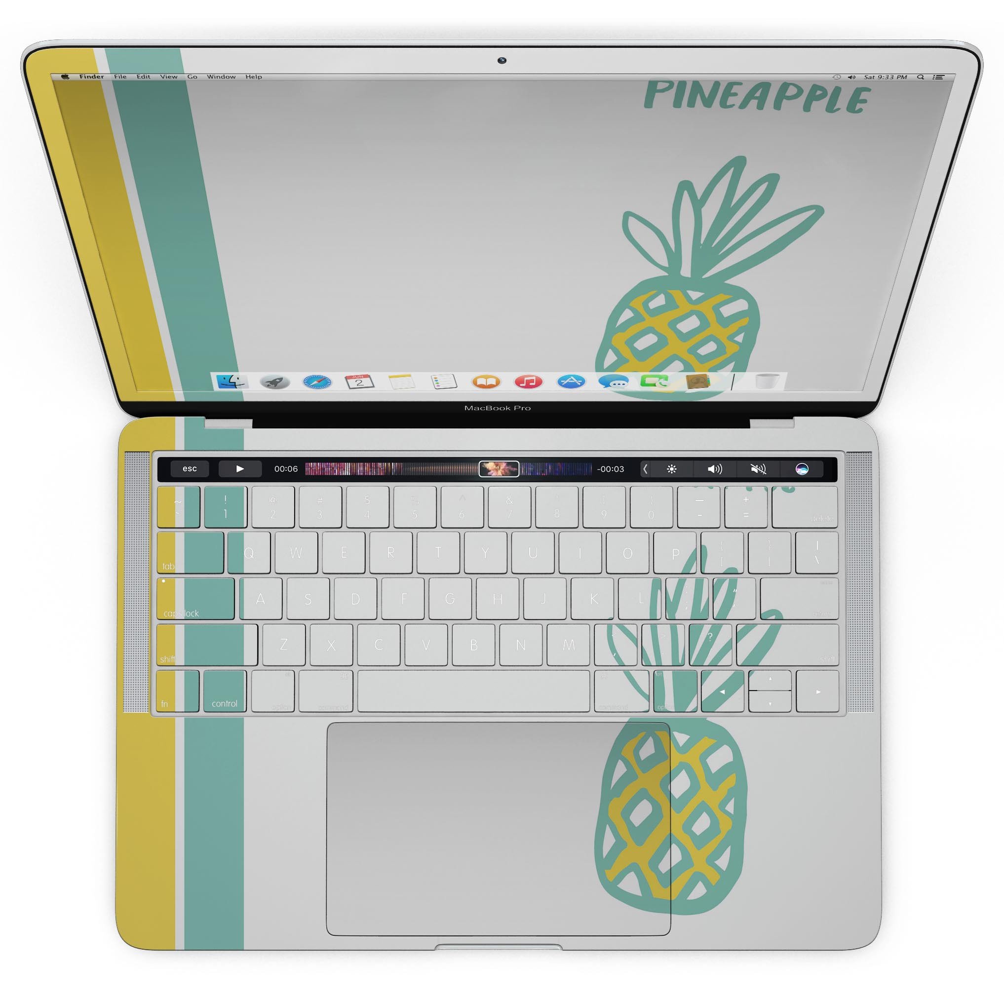 Bold Mint Pineapple skin kit for MacBook Pro with Touch Bar, showcasing vibrant mint and pineapple design on premium vinyl.