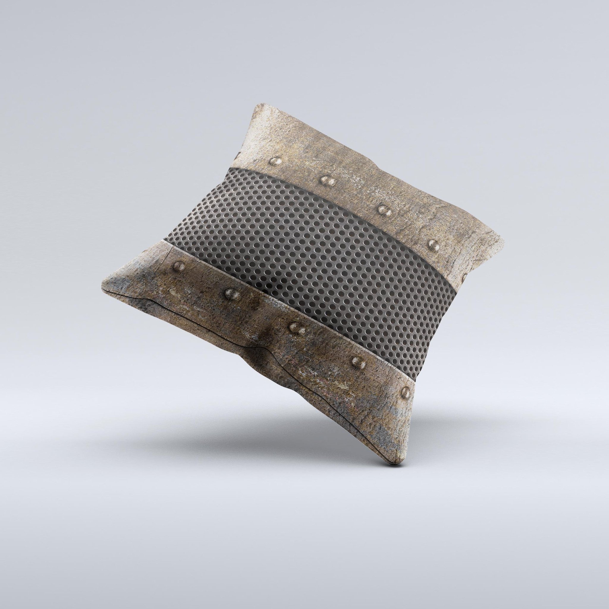 Bolted Rustic Metal Sheets Ink-Fuzed Decorative Throw Pillow showcasing unique handcrafted design and high-quality fabric.