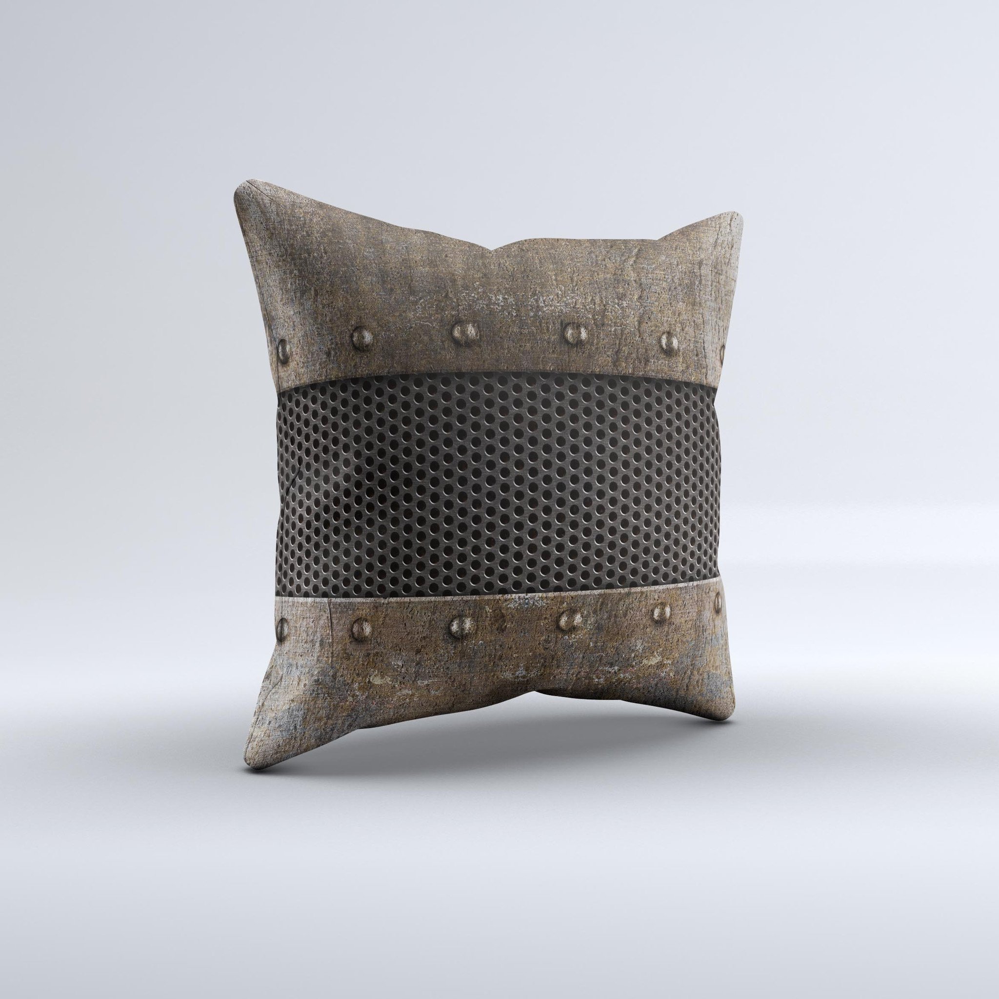 Bolted Rustic Metal Sheets Ink-Fuzed Decorative Throw Pillow showcasing unique handcrafted design and high-quality fabric.
