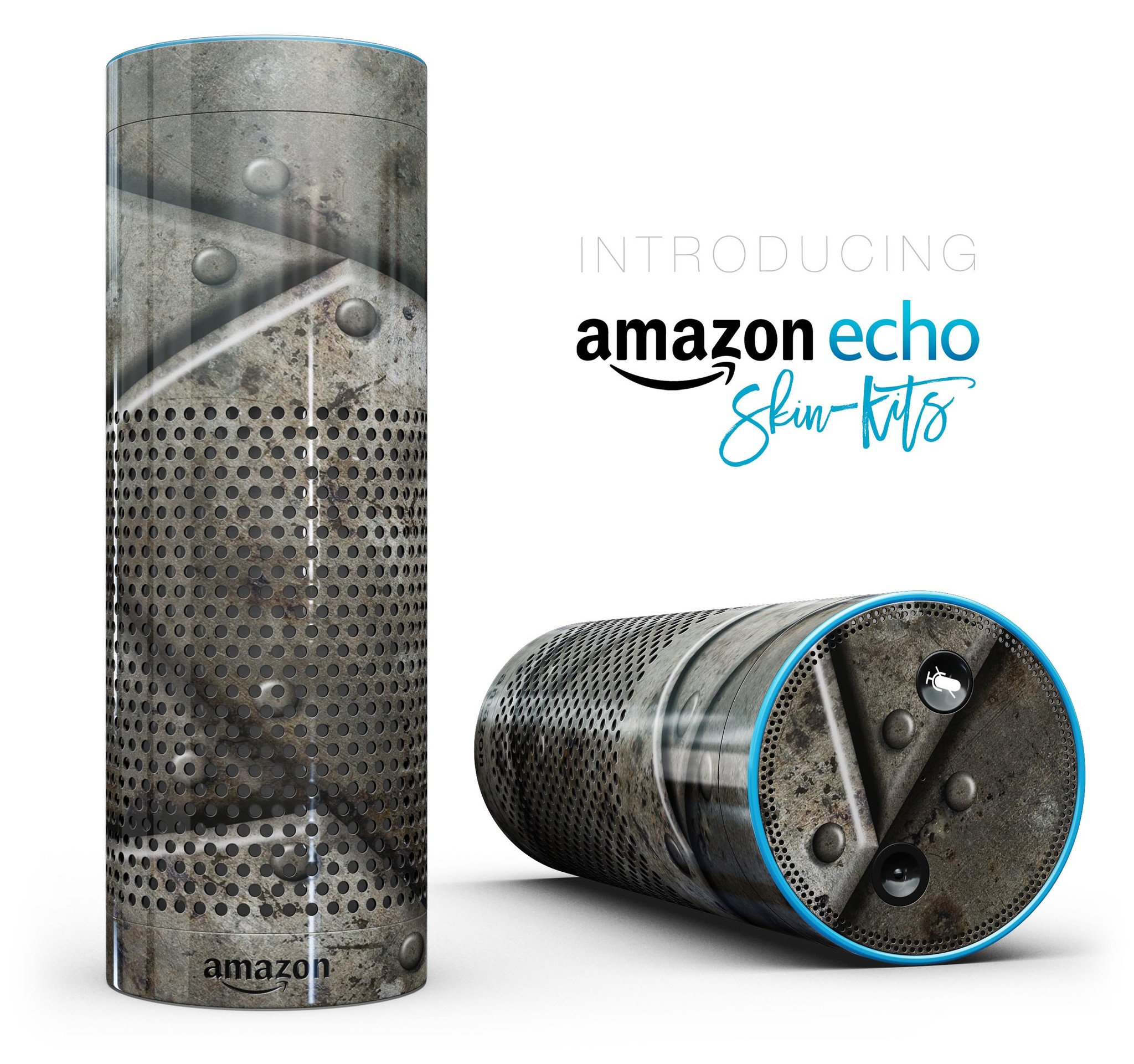 Bolted Steel Plates V2 skin-kit for Amazon Echo, showcasing a sleek design in gloss and matte finishes.