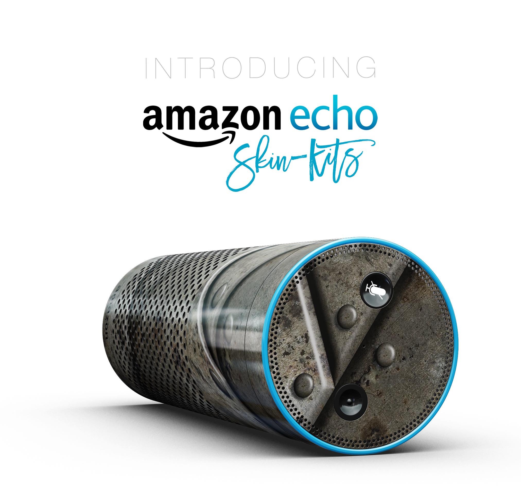 Bolted Steel Plates V2 skin-kit for Amazon Echo, showcasing a sleek design in gloss and matte finishes.
