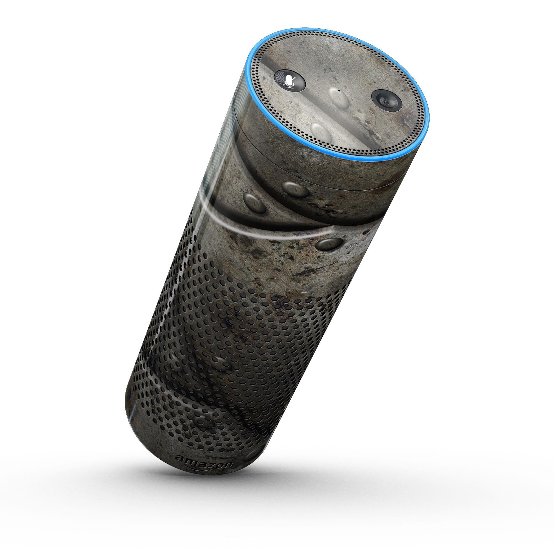 Bolted Steel Plates V2 skin-kit for Amazon Echo, showcasing a sleek design in gloss and matte finishes.