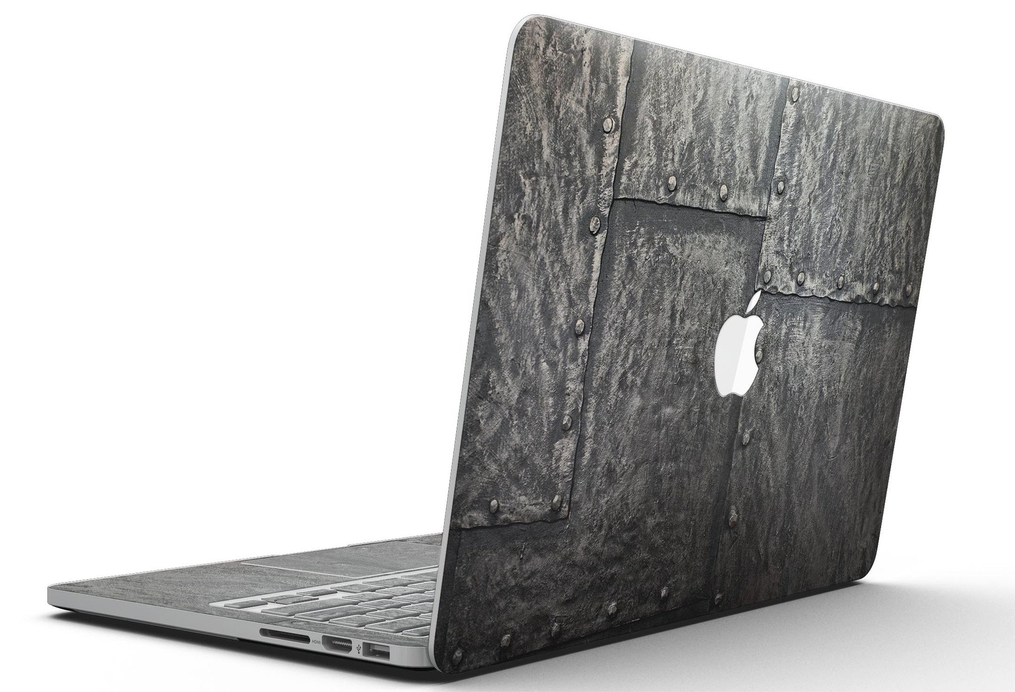 Bolted steel plates for MacBook Pro with Retina Display, showcasing a sleek design and premium vinyl material.