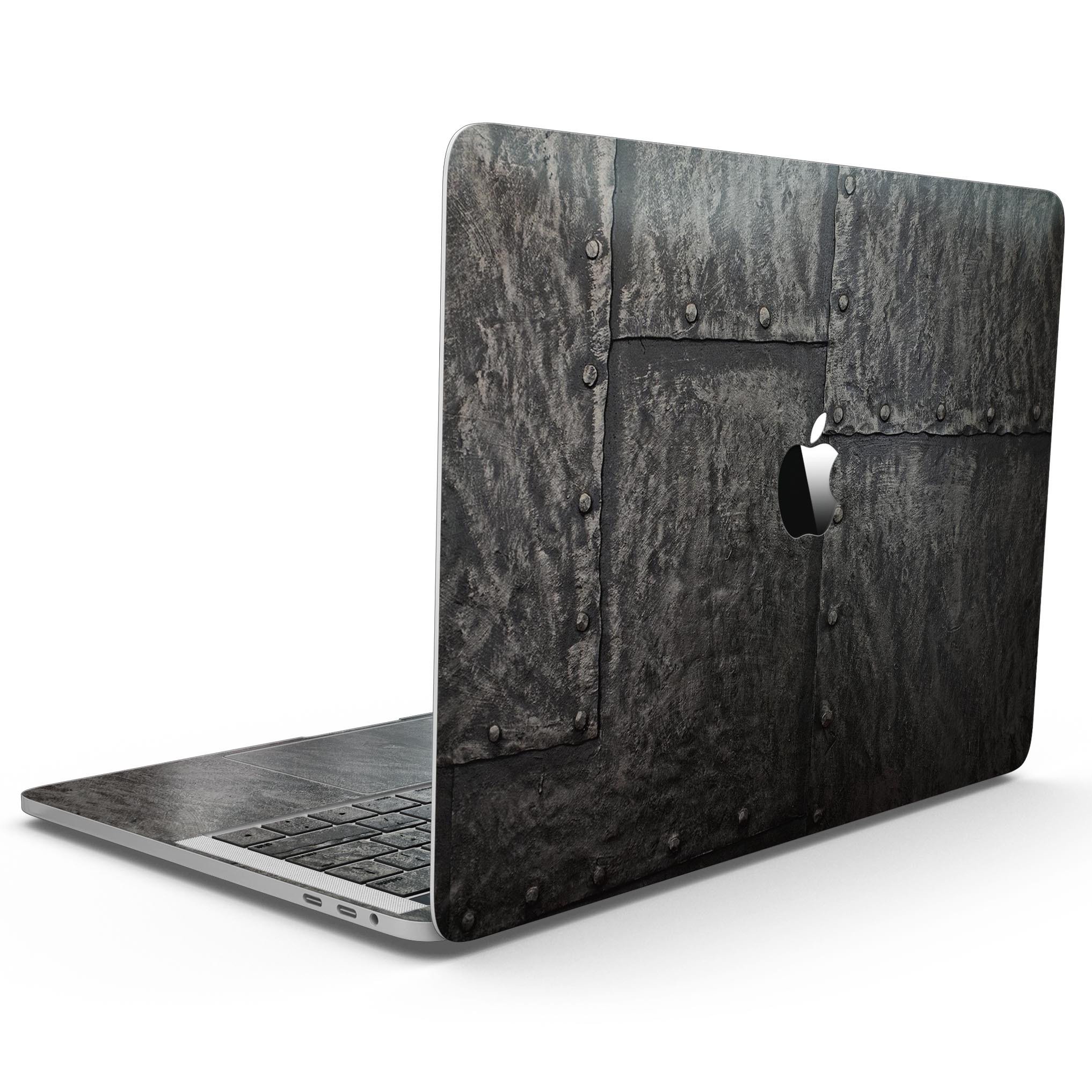 Bolted Steel Plates skin kit for MacBook Pro with Touch Bar, showcasing premium vinyl design and available finishes.