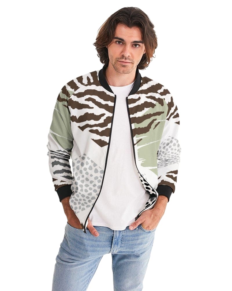 Men's bomber jacket featuring a brown and green geometric pattern, lightweight and stylish, perfect for casual and business wear.