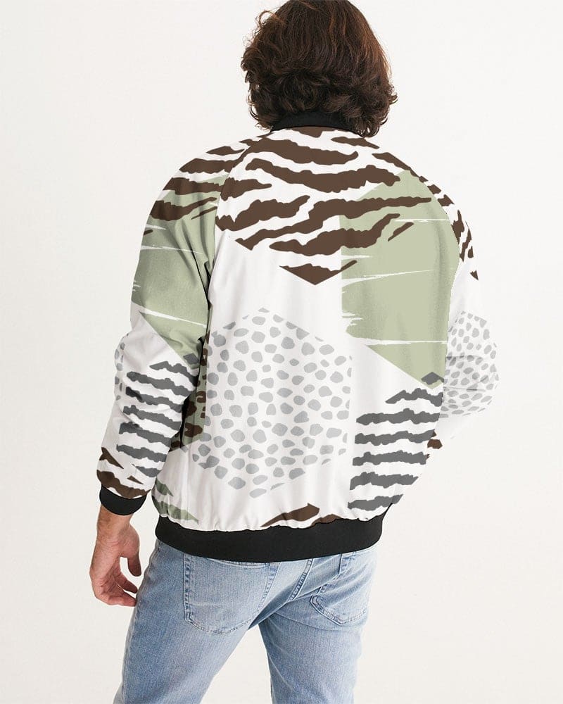 Men's bomber jacket featuring a brown and green geometric pattern, lightweight and stylish, perfect for casual and business wear.
