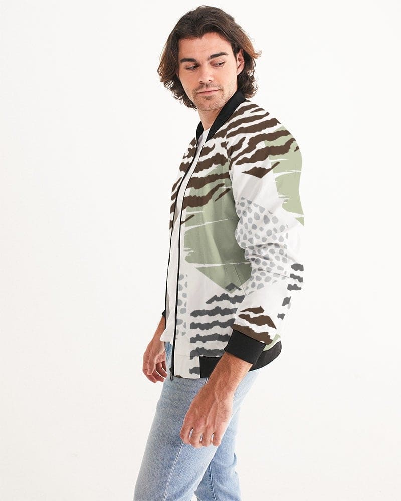 Men's bomber jacket featuring a brown and green geometric pattern, lightweight and stylish, perfect for casual and business wear.