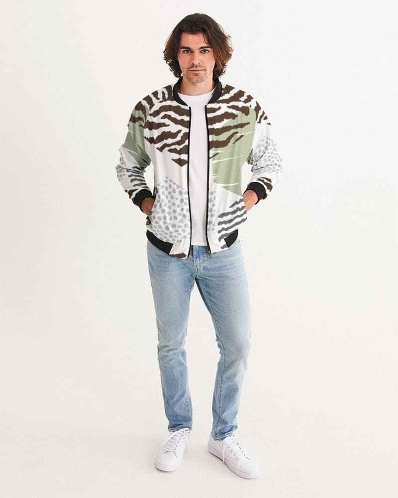 Men's bomber jacket featuring a brown and green geometric pattern, lightweight and stylish, perfect for casual and business wear.