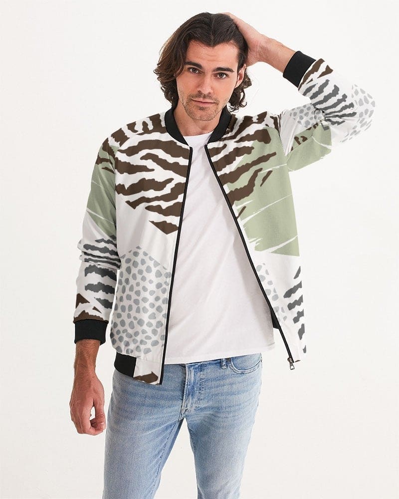 Men's bomber jacket featuring a brown and green geometric pattern, lightweight and stylish, perfect for casual and business wear.