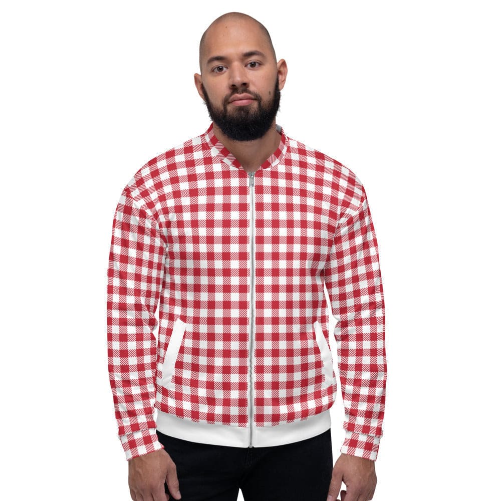 Men's bomber jacket featuring a Buffalo Plaid Red and White Stripe pattern, lightweight and stylish, perfect for casual and business wear.